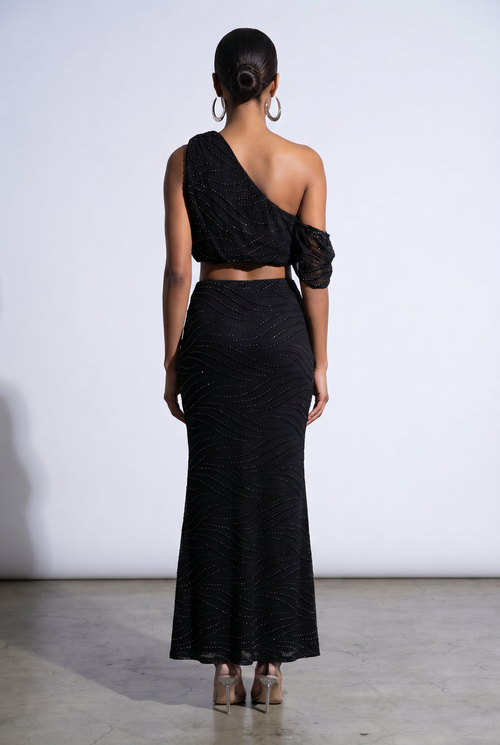 Glitter Off Shoulder Top & Mermaid Maxi Skirt Set in Black – Back view
