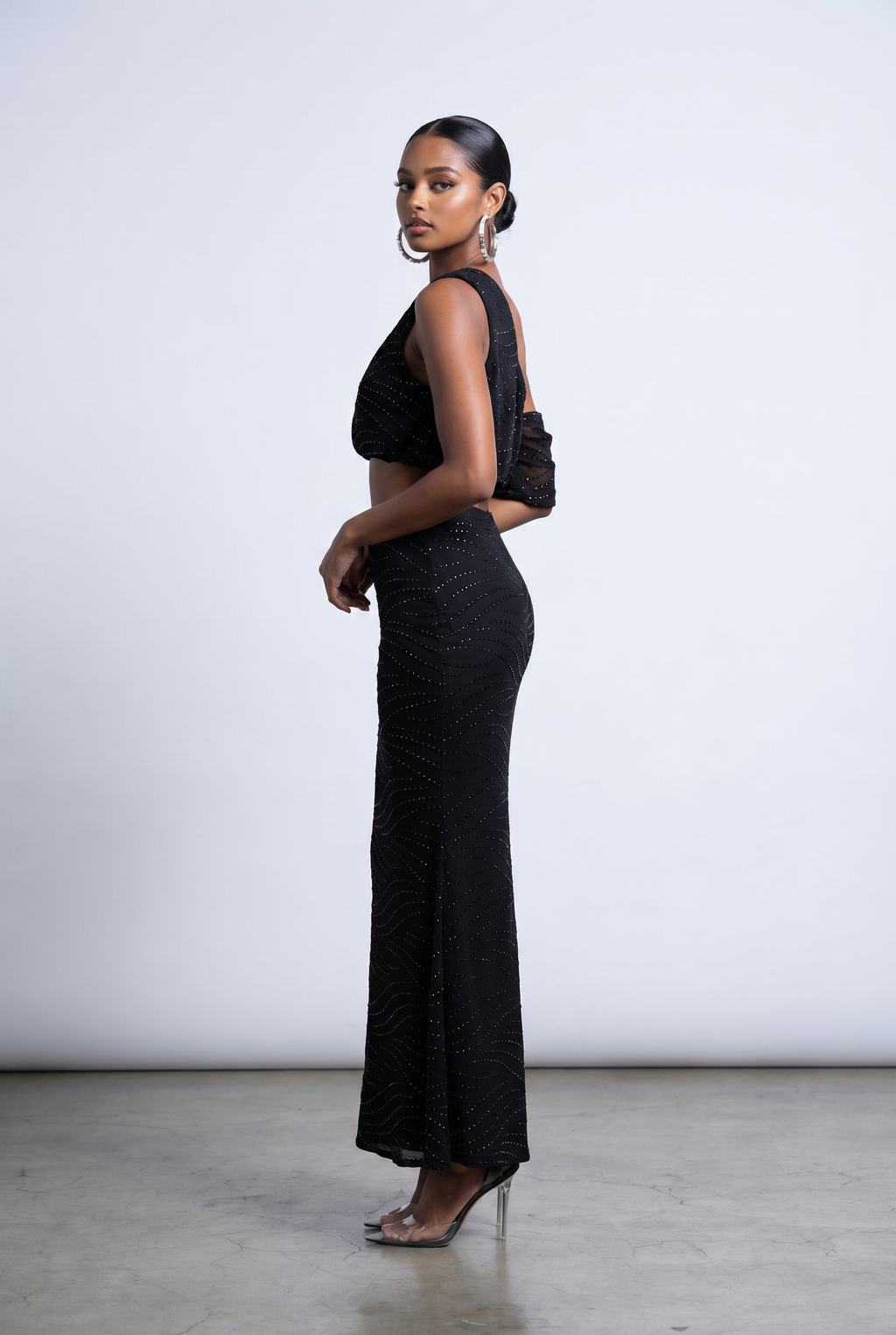 Glitter Off Shoulder Top & Mermaid Maxi Skirt Set in Black Size L – Side View