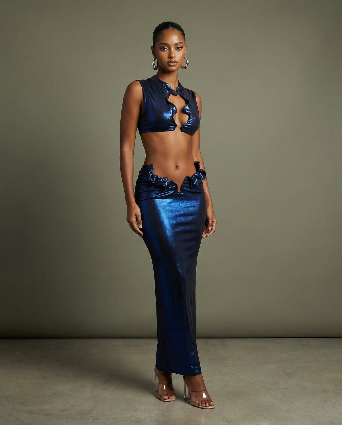 Foiled Wire Crop Top & Maxi Skirt Set in Royal – Front view