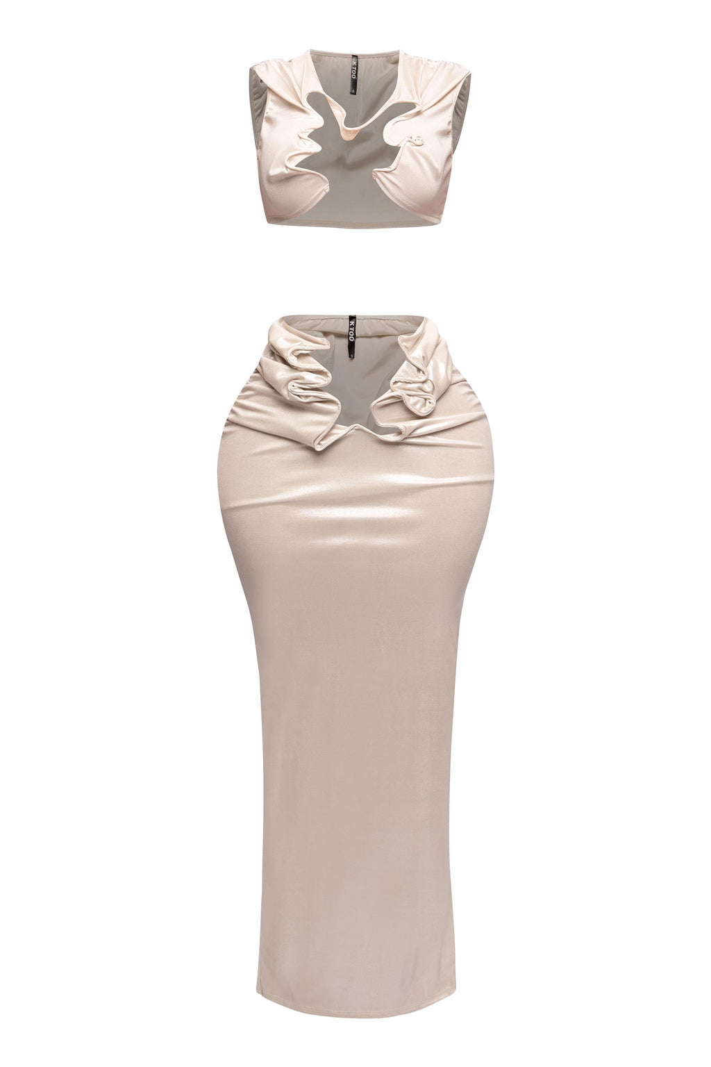 Royal foiled wire crop top and maxi skirt set, view 2 on model