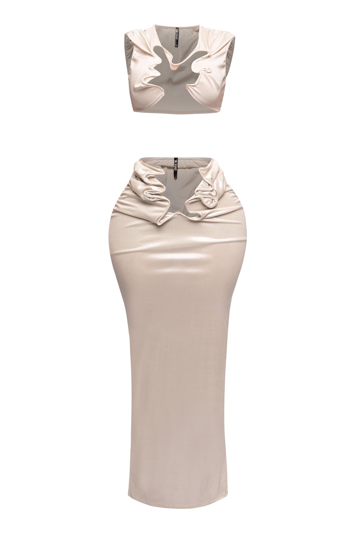 Royal foiled wire crop top and maxi skirt set, view 2 on model