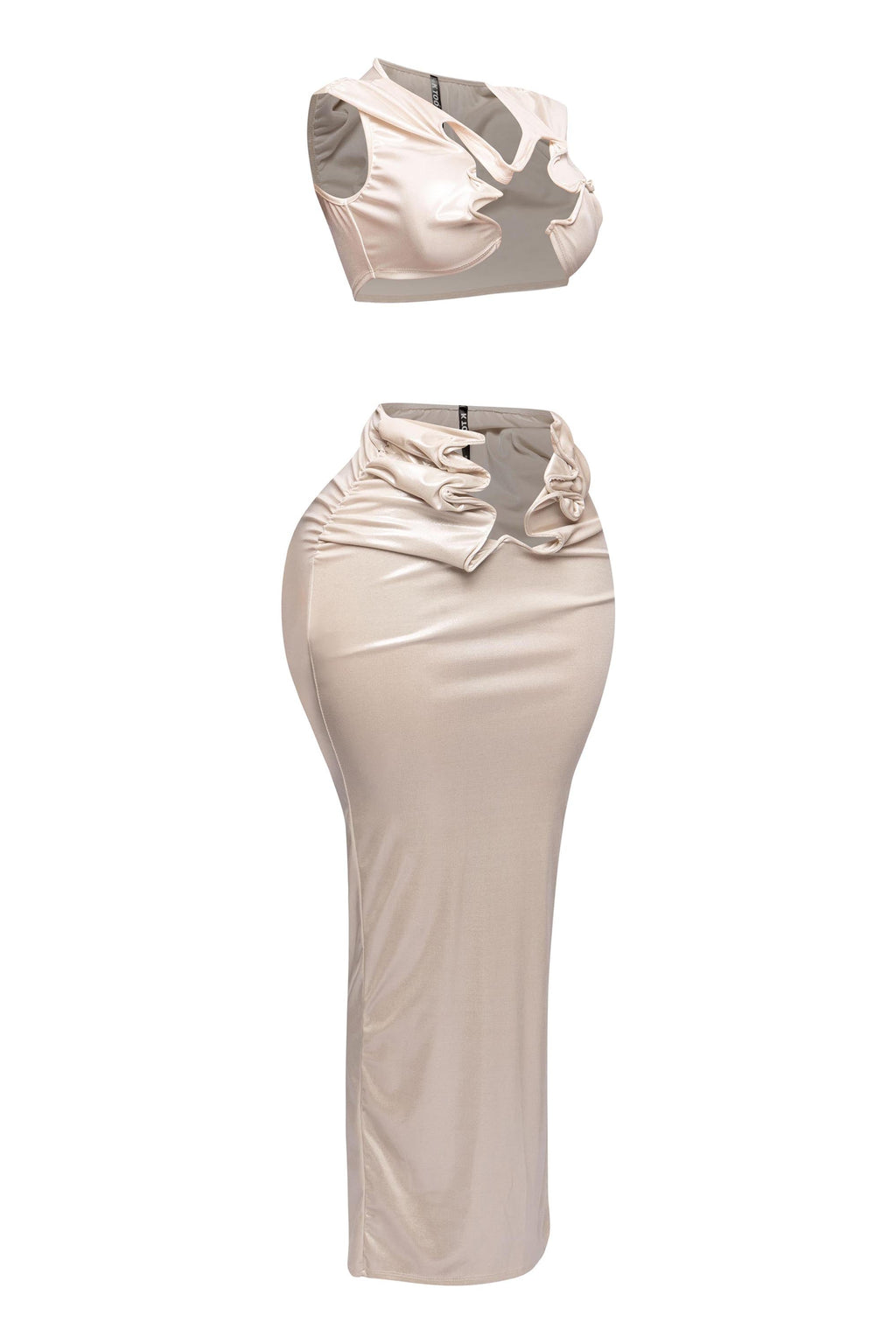 Royal foiled wire crop top and maxi skirt set, view 3 on model