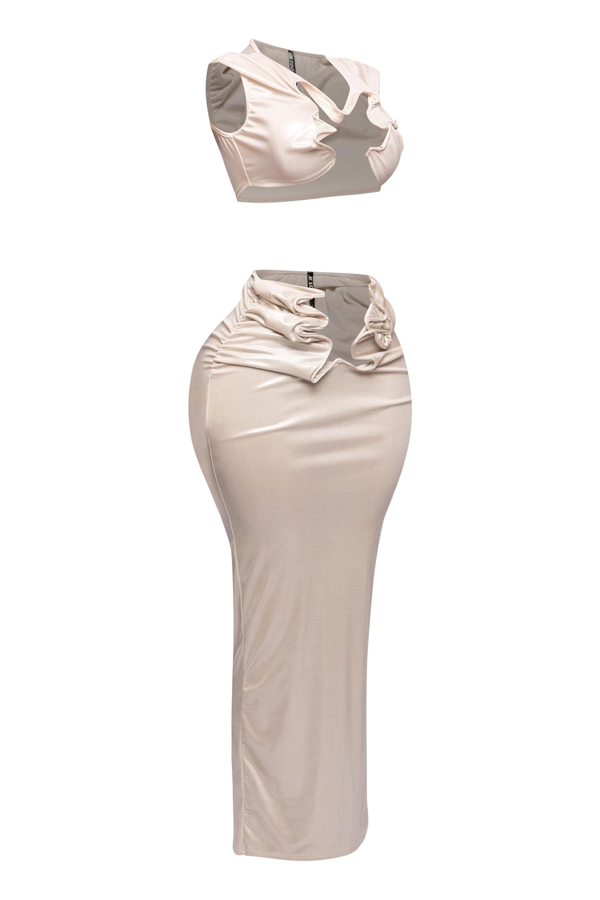 Royal foiled wire crop top and maxi skirt set, view 3 on model