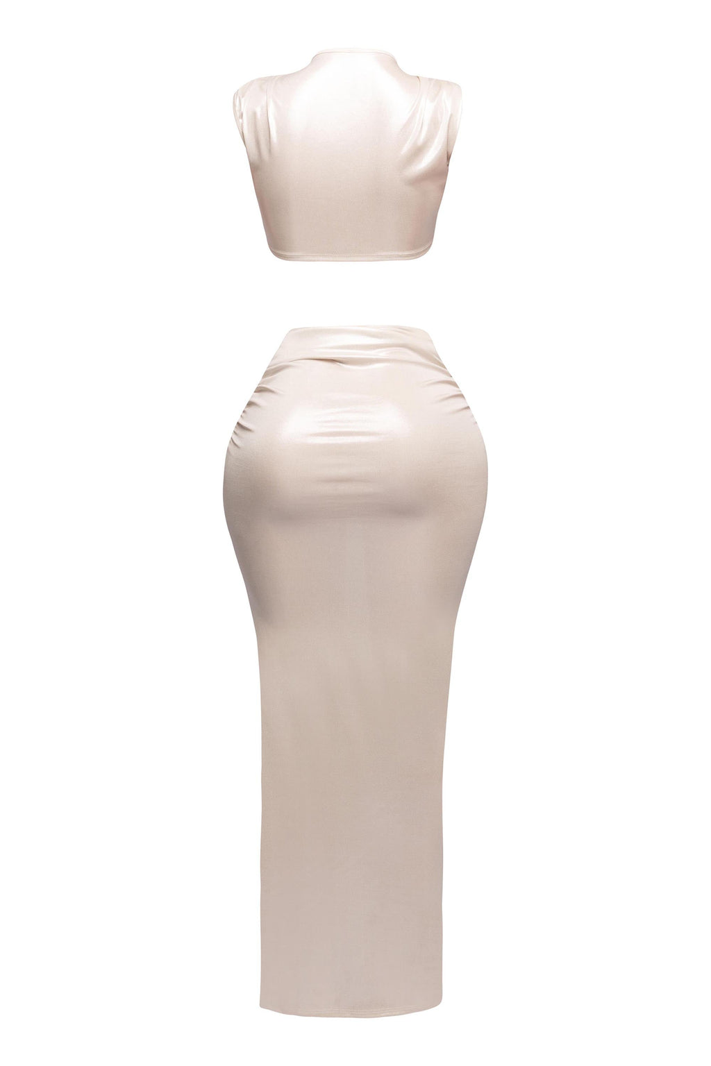 Royal foiled wire crop top and maxi skirt set, view 4 on model