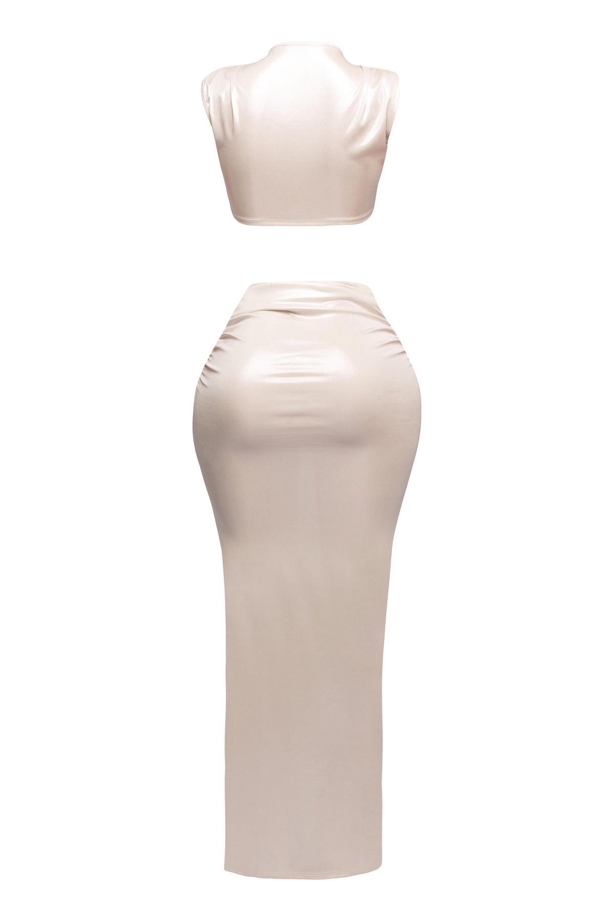 Royal foiled wire crop top and maxi skirt set, view 4 on model