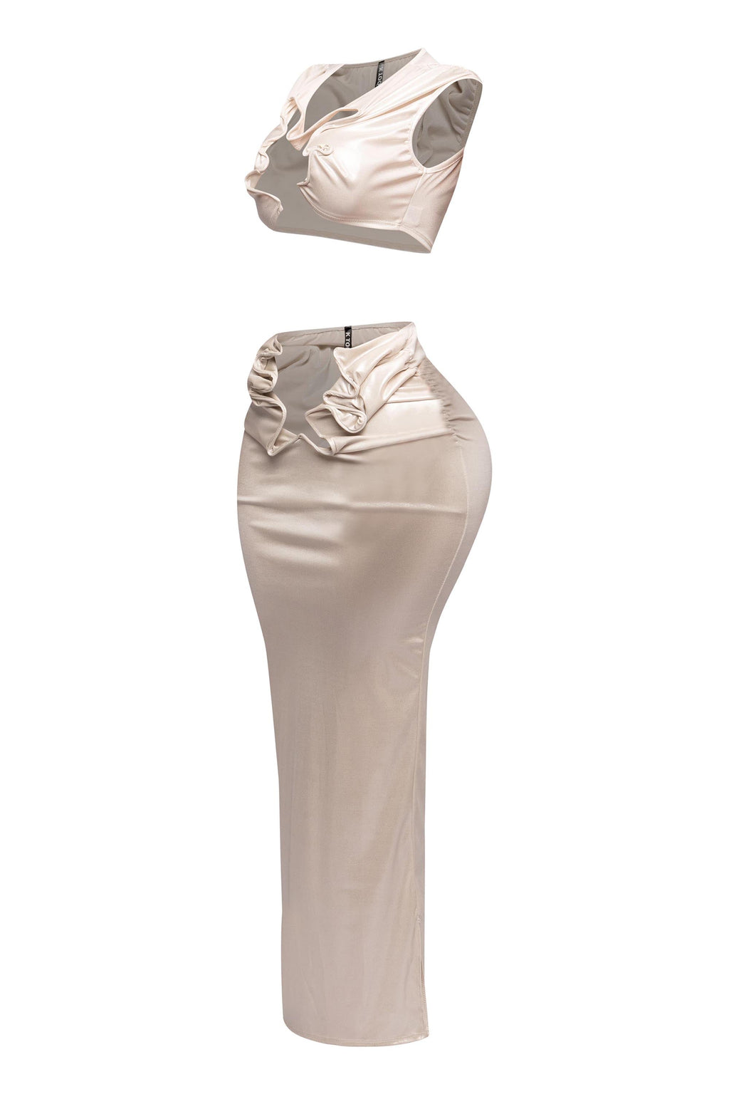 Royal foiled wire crop top and maxi skirt set, view 5 on model