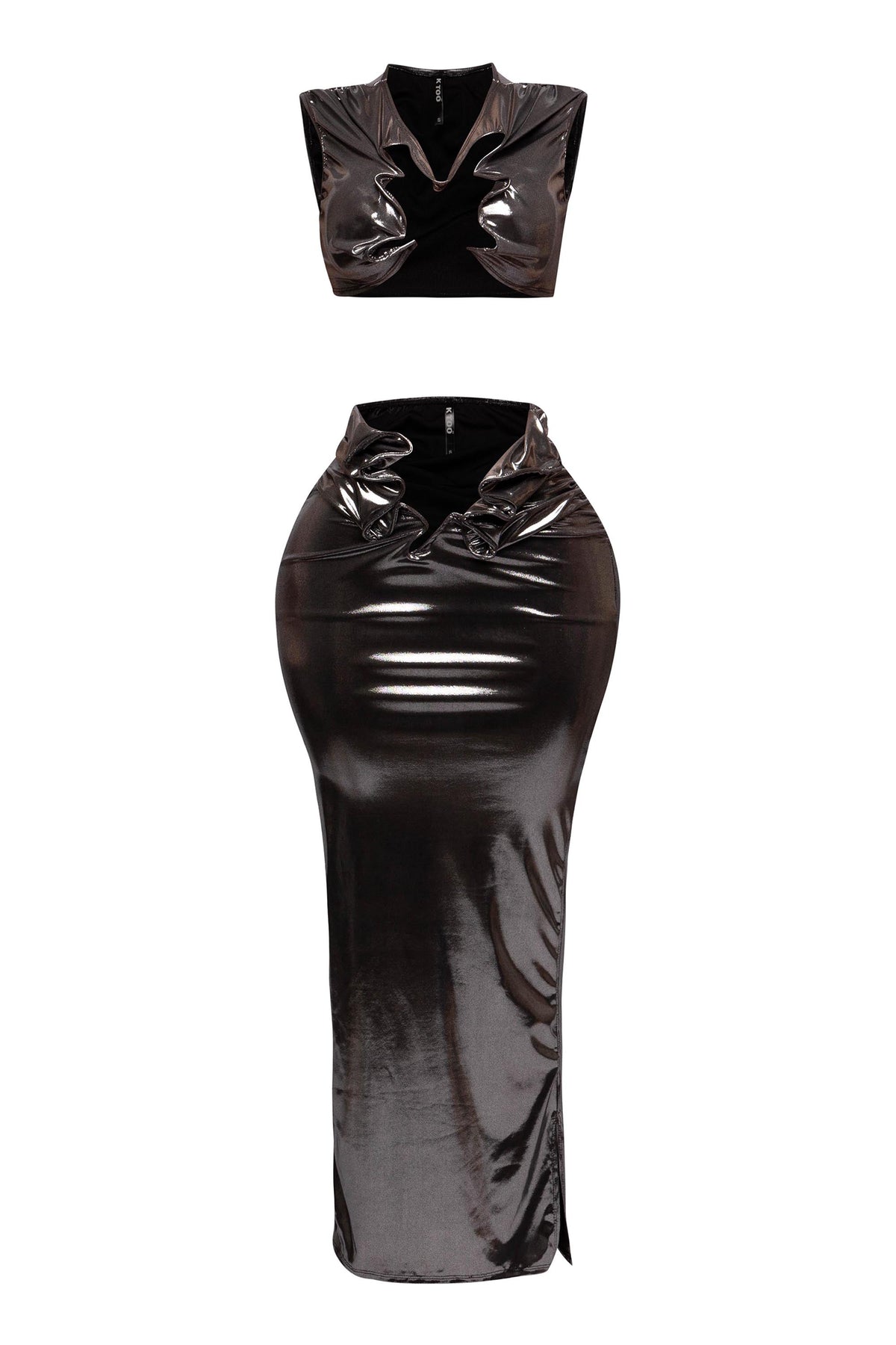 Royal foiled wire crop top and maxi skirt set, view 6 on model