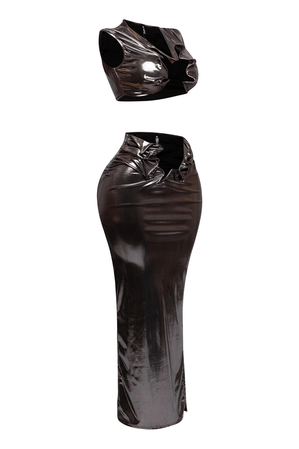 Royal foiled wire crop top and maxi skirt set, view 7 on model