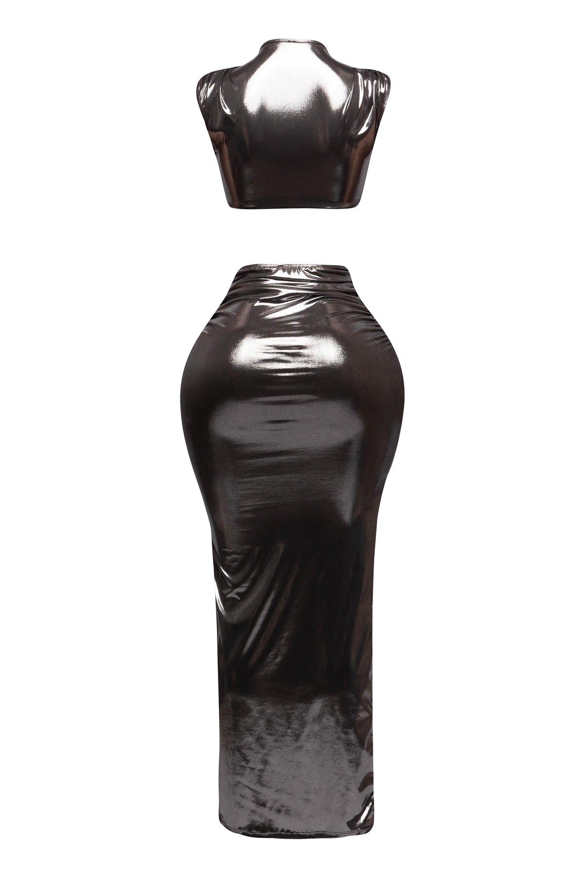 Royal foiled wire crop top and maxi skirt set, view 8 on model