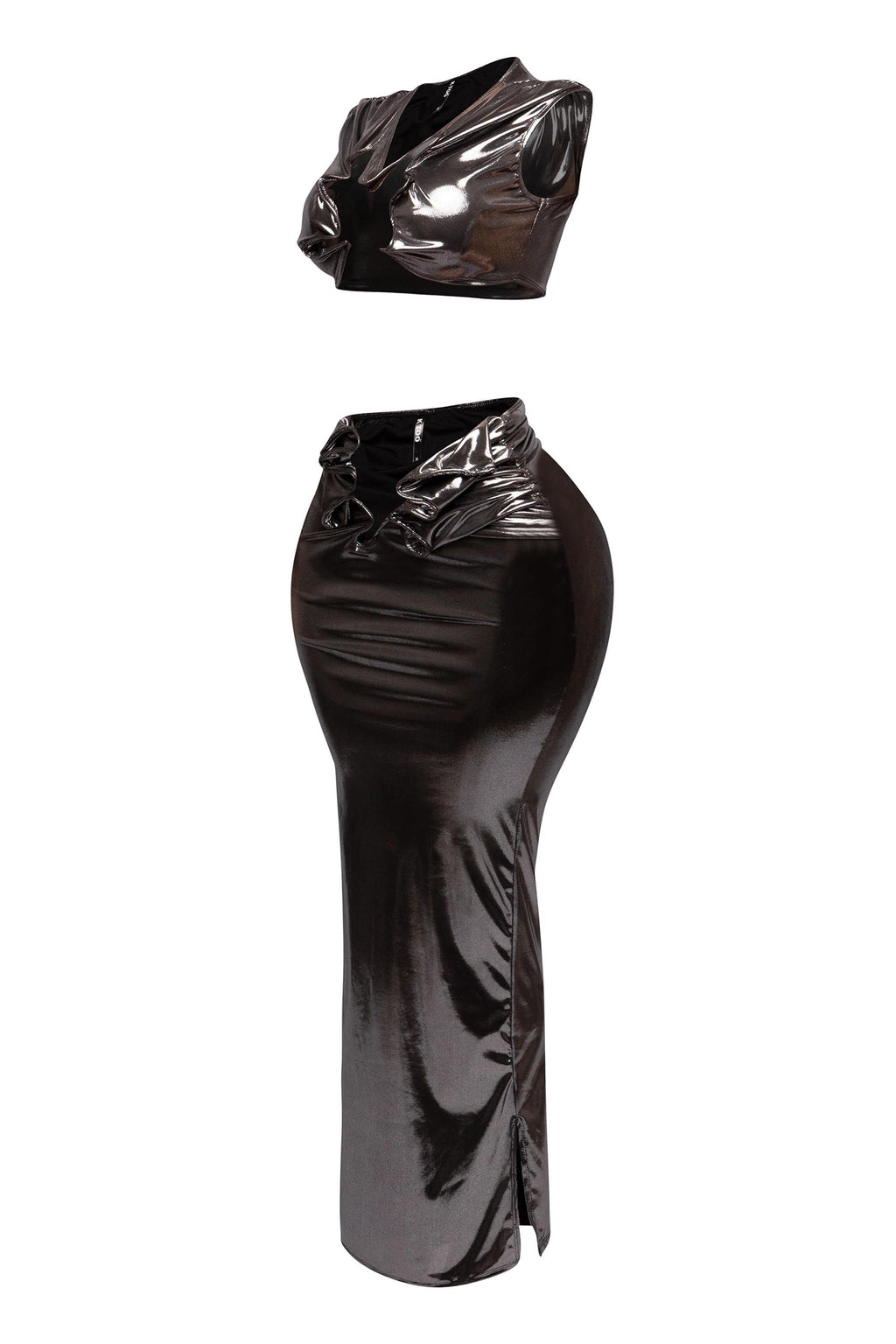 Royal foiled wire crop top and maxi skirt set, view 9 on model
