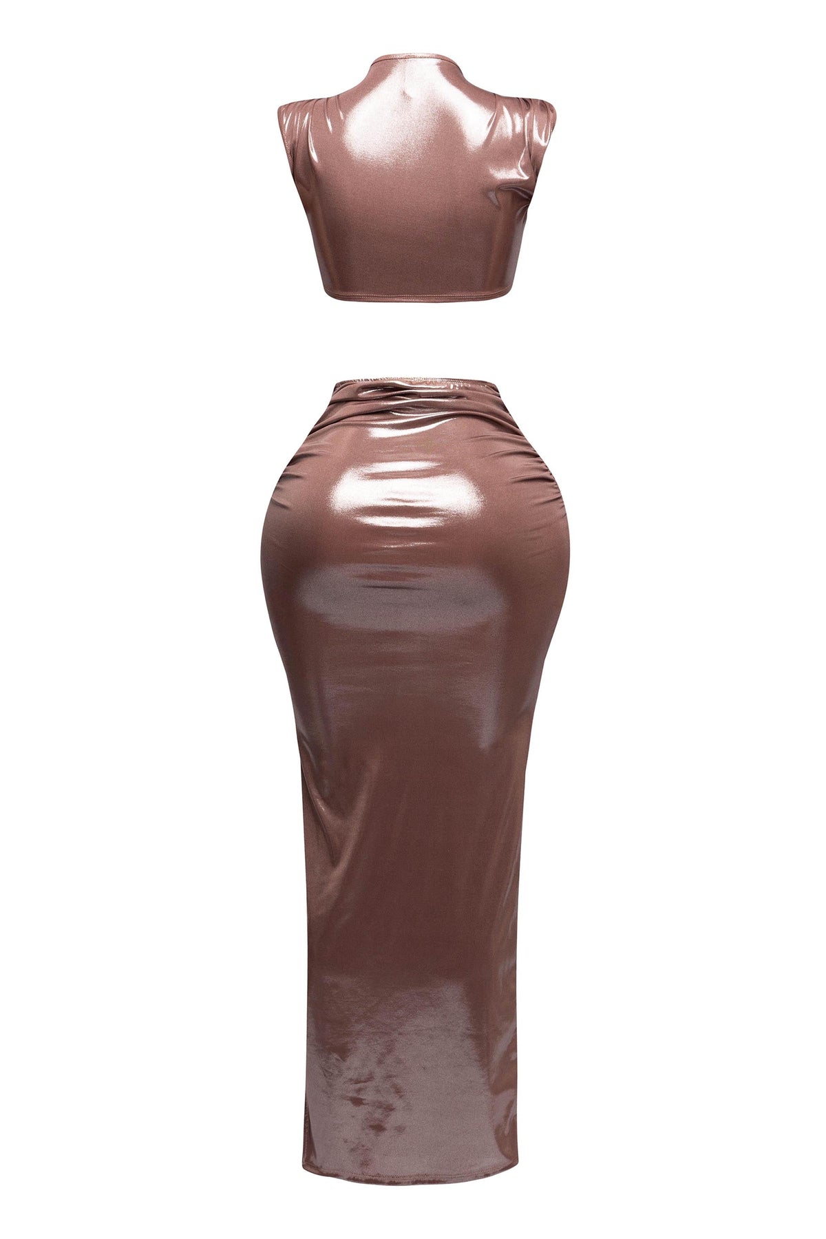 Royal foiled wire crop top and maxi skirt set, detail view on model