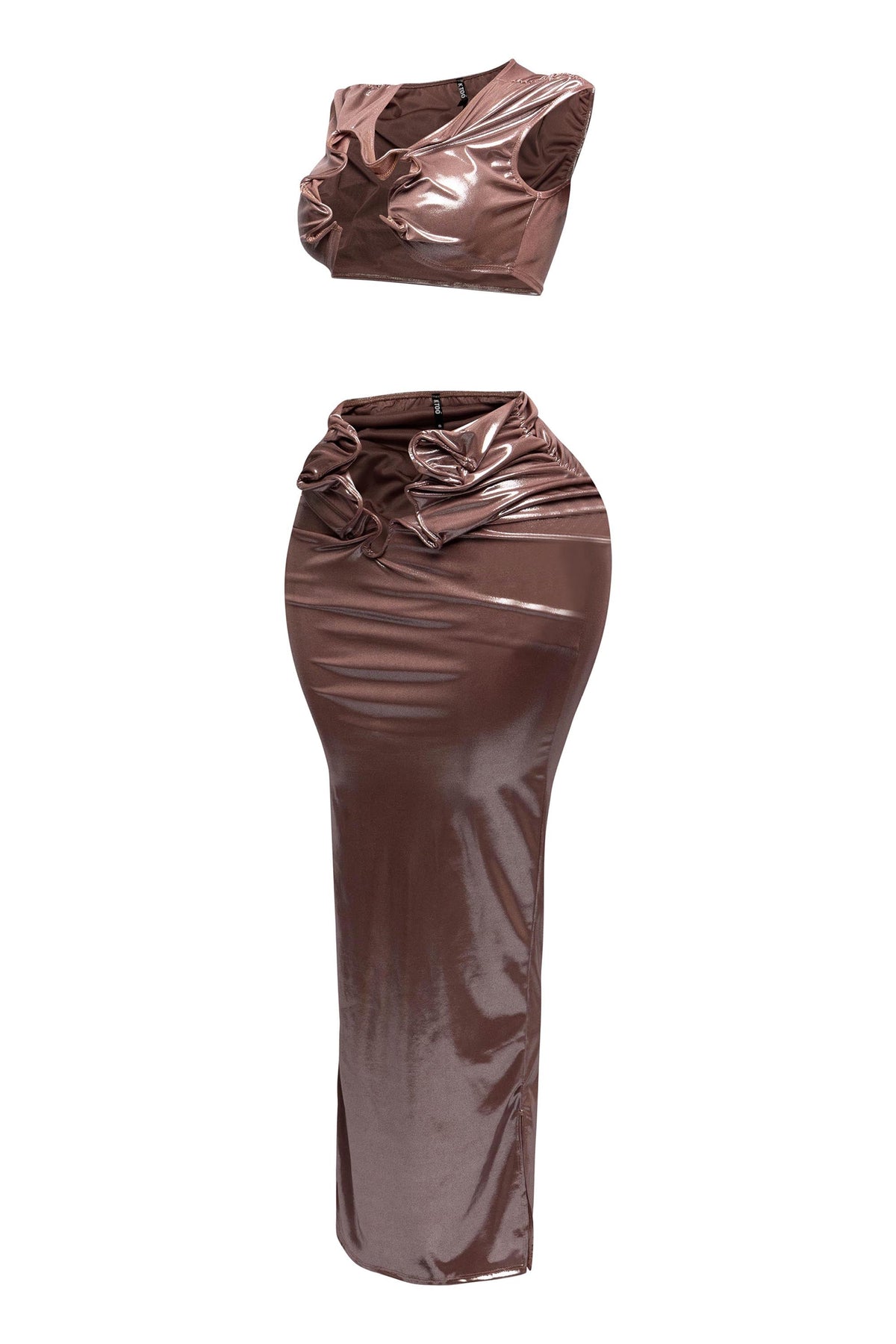 Royal foiled wire crop top and maxi skirt set, side view on model