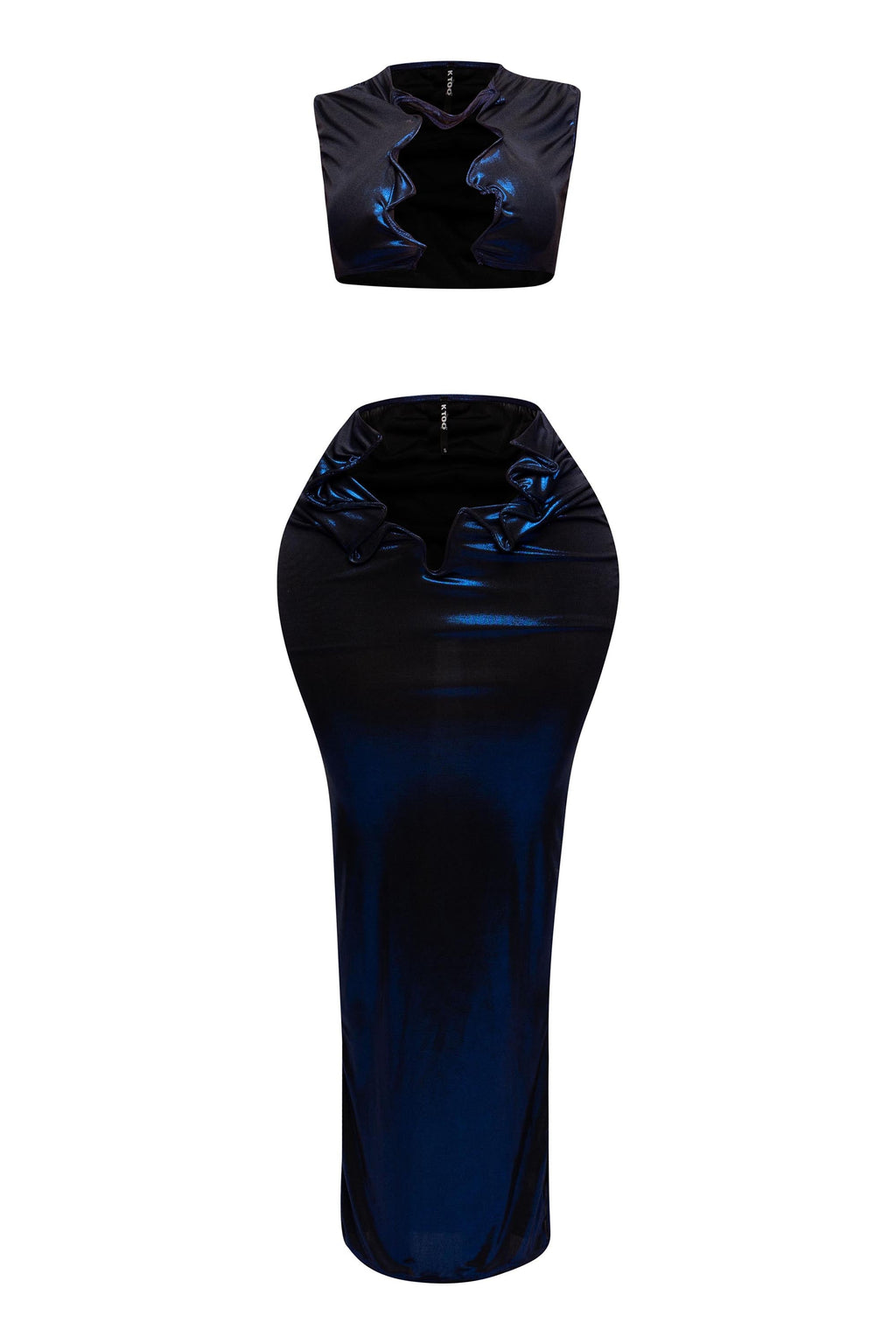 Royal foiled wire crop top and maxi skirt set, close-up view on model