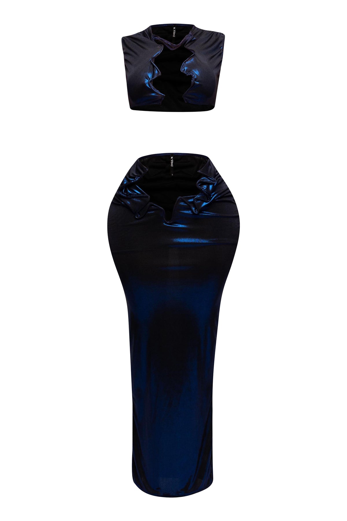 Royal foiled wire crop top and maxi skirt set, close-up view on model