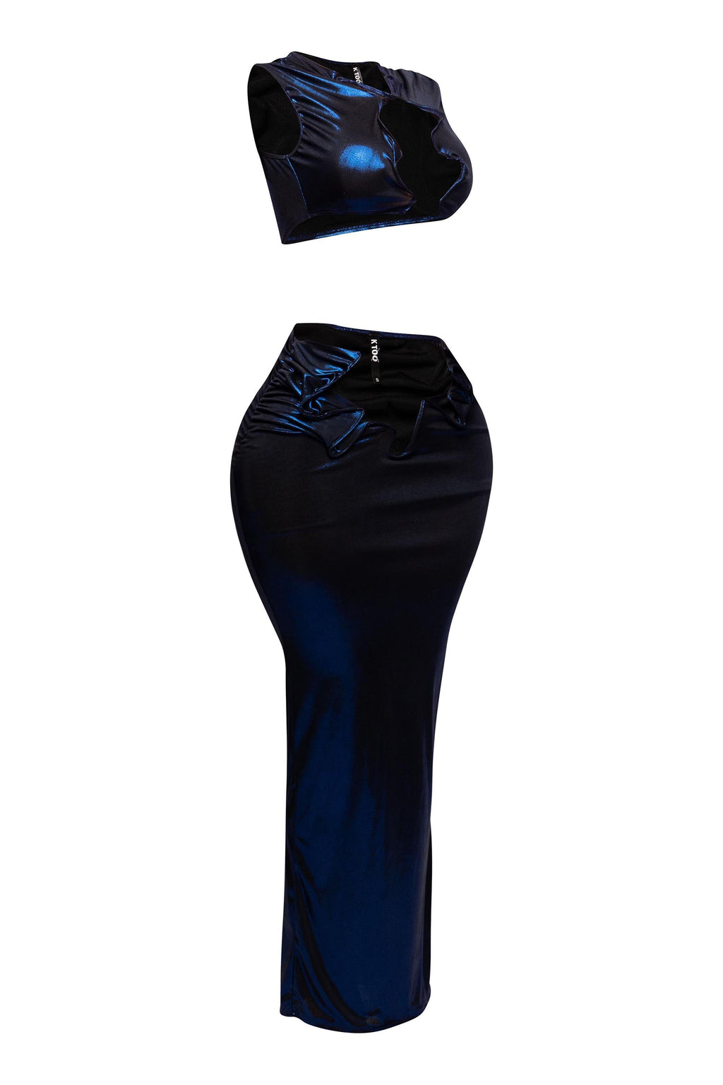 Royal foiled wire crop top and maxi skirt set, full-length view on model