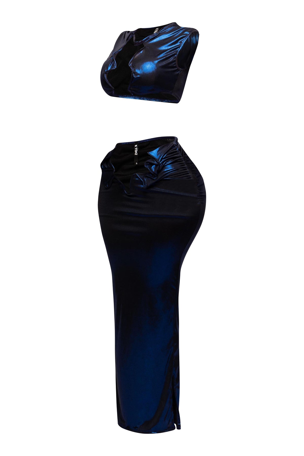 Royal foiled wire crop top and maxi skirt set, angled view on model