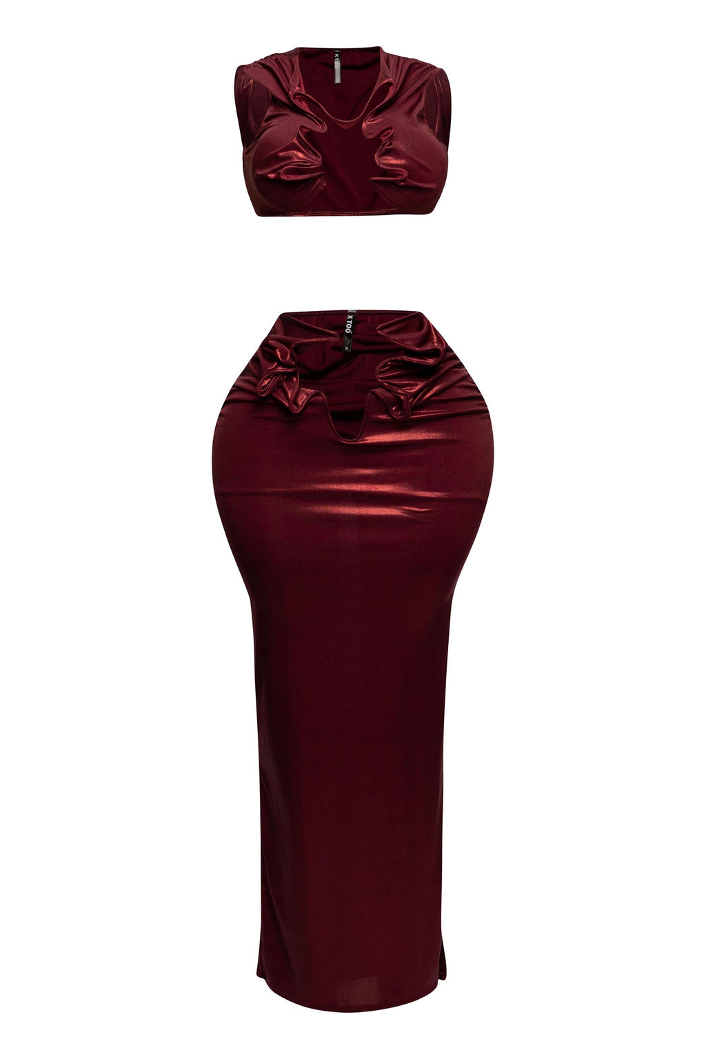 Royal foiled wire crop top and maxi skirt set, alternate back view on model