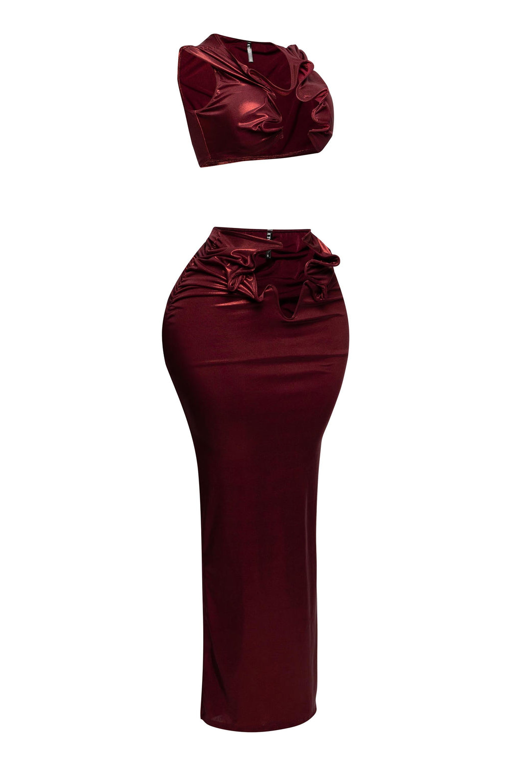 Royal foiled wire crop top and maxi skirt set, front view on model