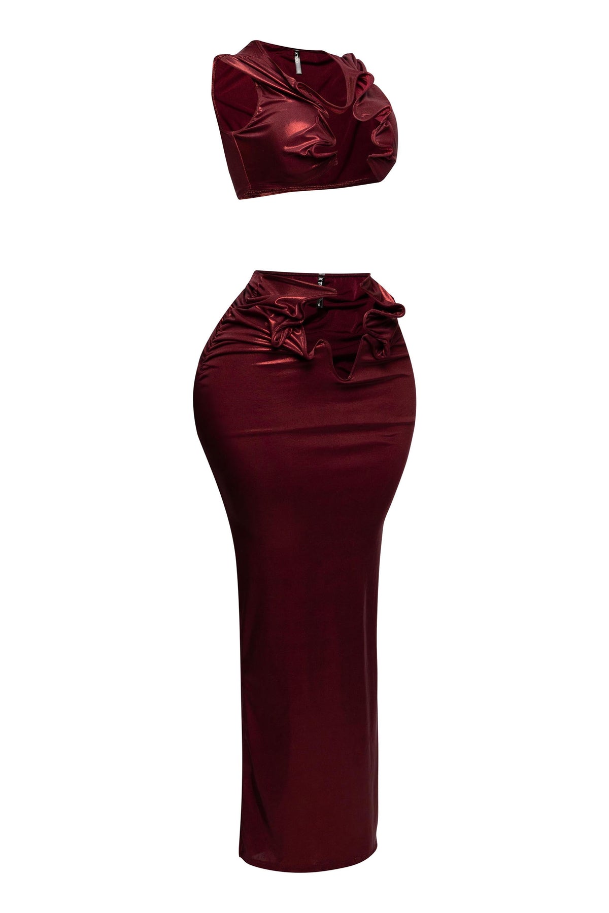 Royal foiled wire crop top and maxi skirt set, front view on model
