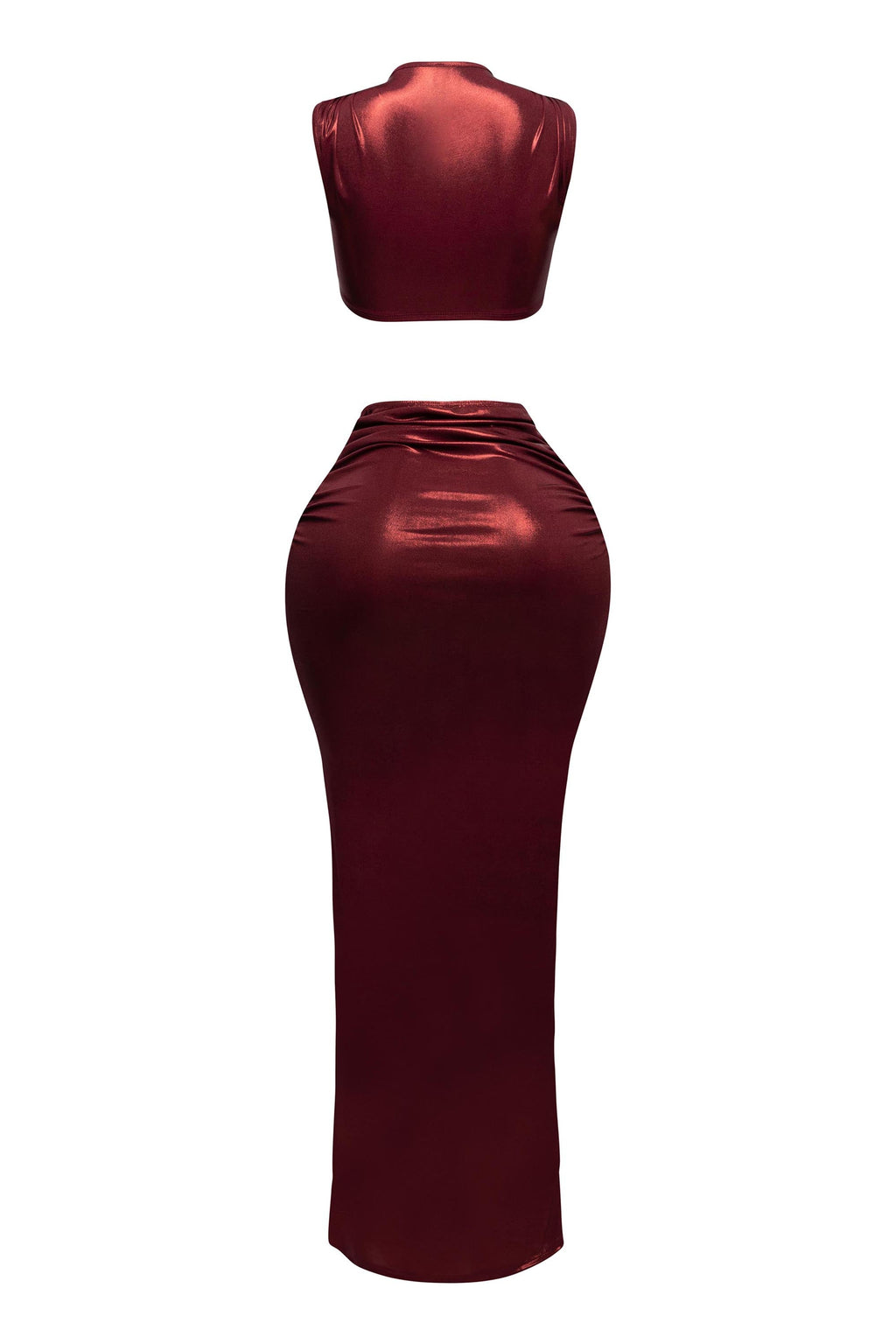 Royal foiled wire crop top and maxi skirt set, alternate front view on model