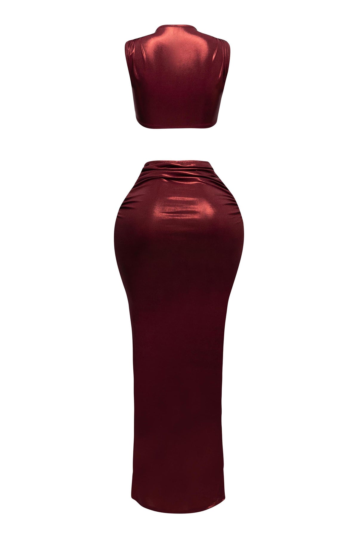 Royal foiled wire crop top and maxi skirt set, alternate front view on model