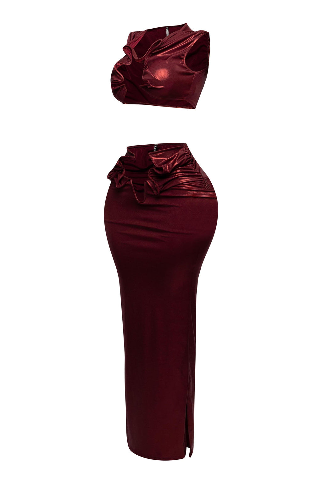 Royal foiled wire crop top and maxi skirt set, back view on model