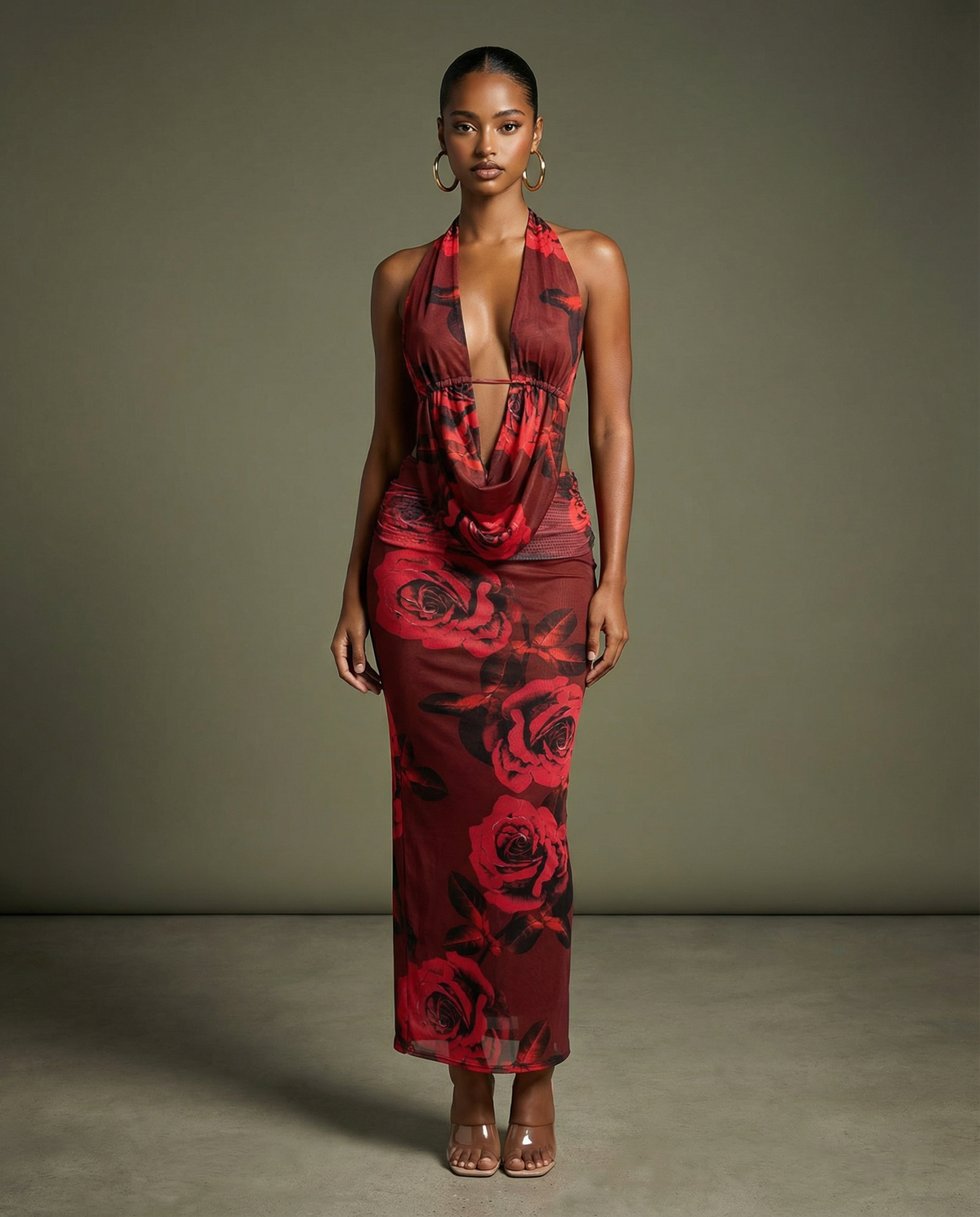 Halter Cowl Neck Top & Maxi Skirt Set in Red combo – Front view
