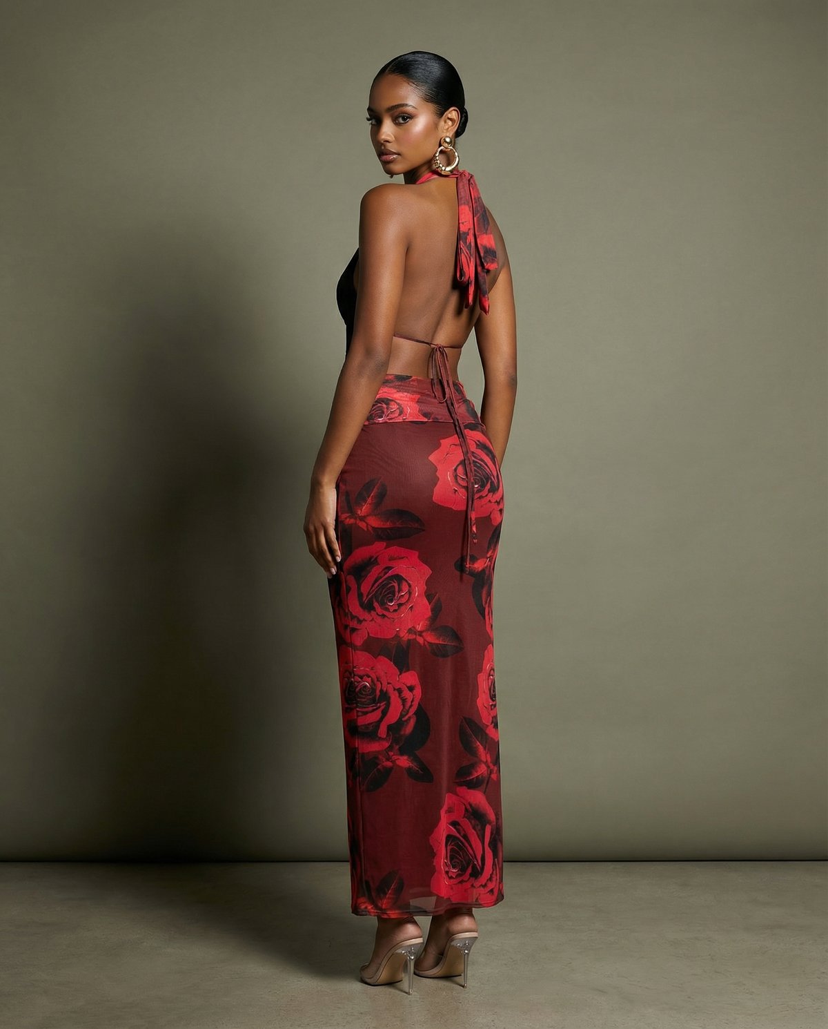 Halter Cowl Neck Top & Maxi Skirt Set in Red combo – Back view