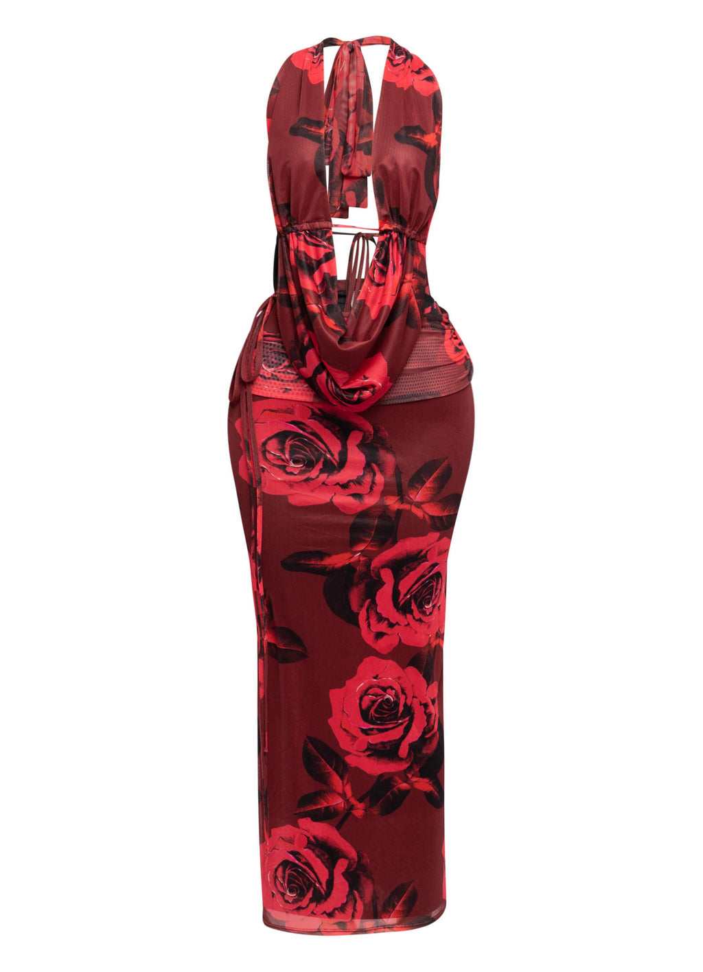 Halter Cowl Neck Top & Maxi Skirt Set in Red combo – Side view