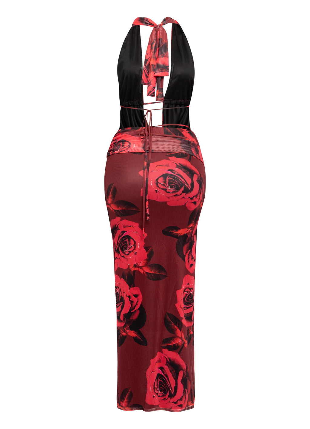 Red combo halter cowl neck top and maxi skirt set, detail view on model