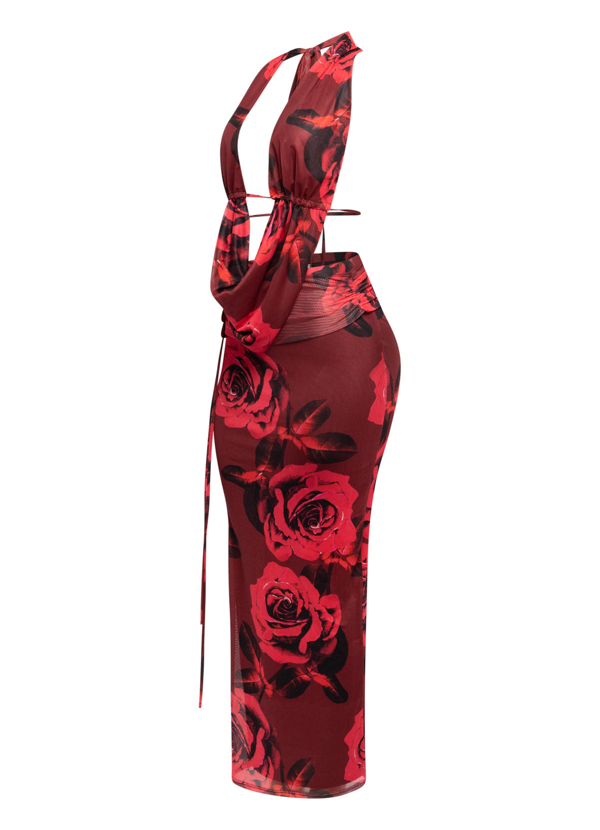 Red combo halter cowl neck top and maxi skirt set, side view on model