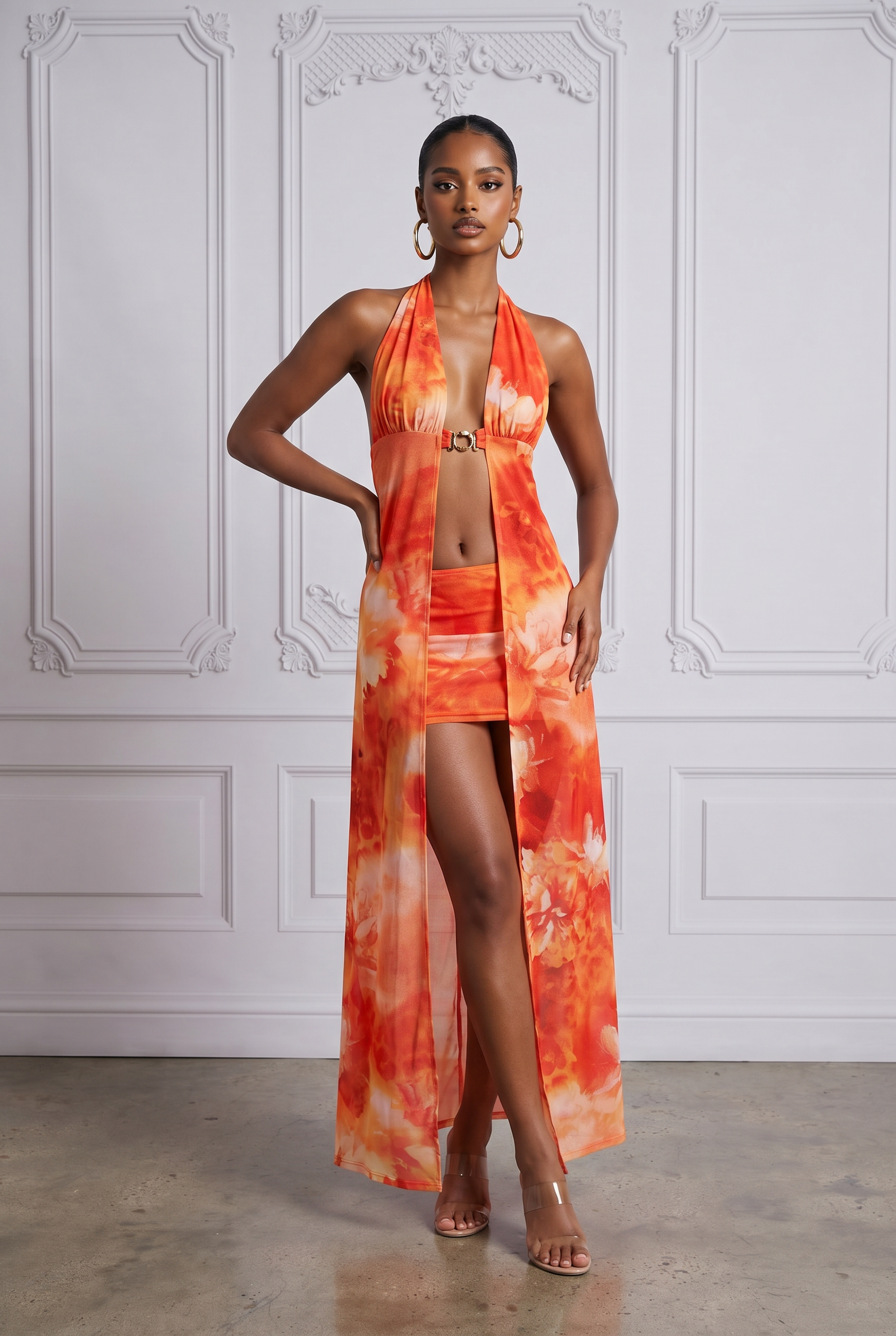Halter Maxi Top & Mini Skirt Set in Orange Combo Size S – Front View