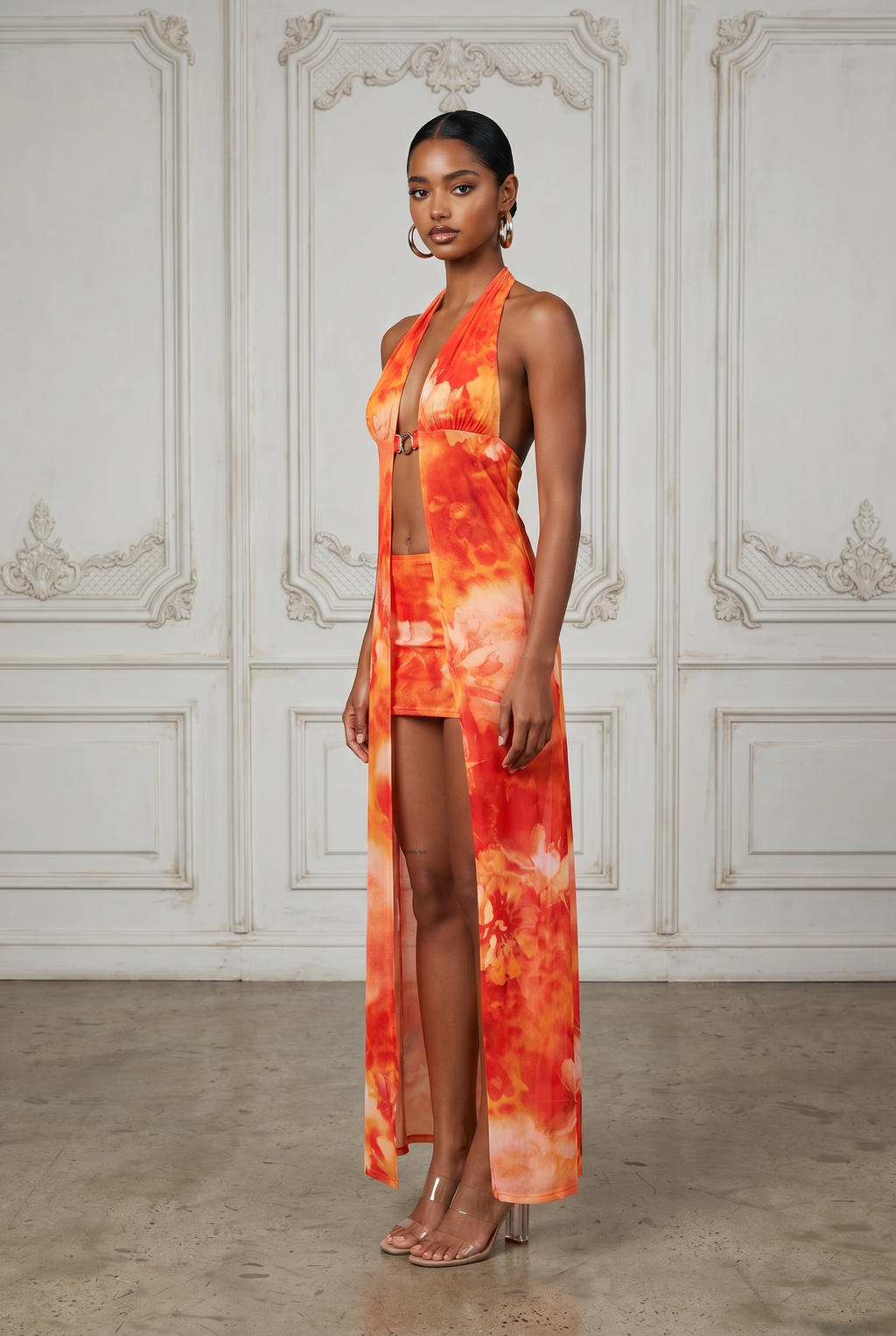 Halter Maxi Top & Mini Skirt Set in Orange Combo Size M – Back View