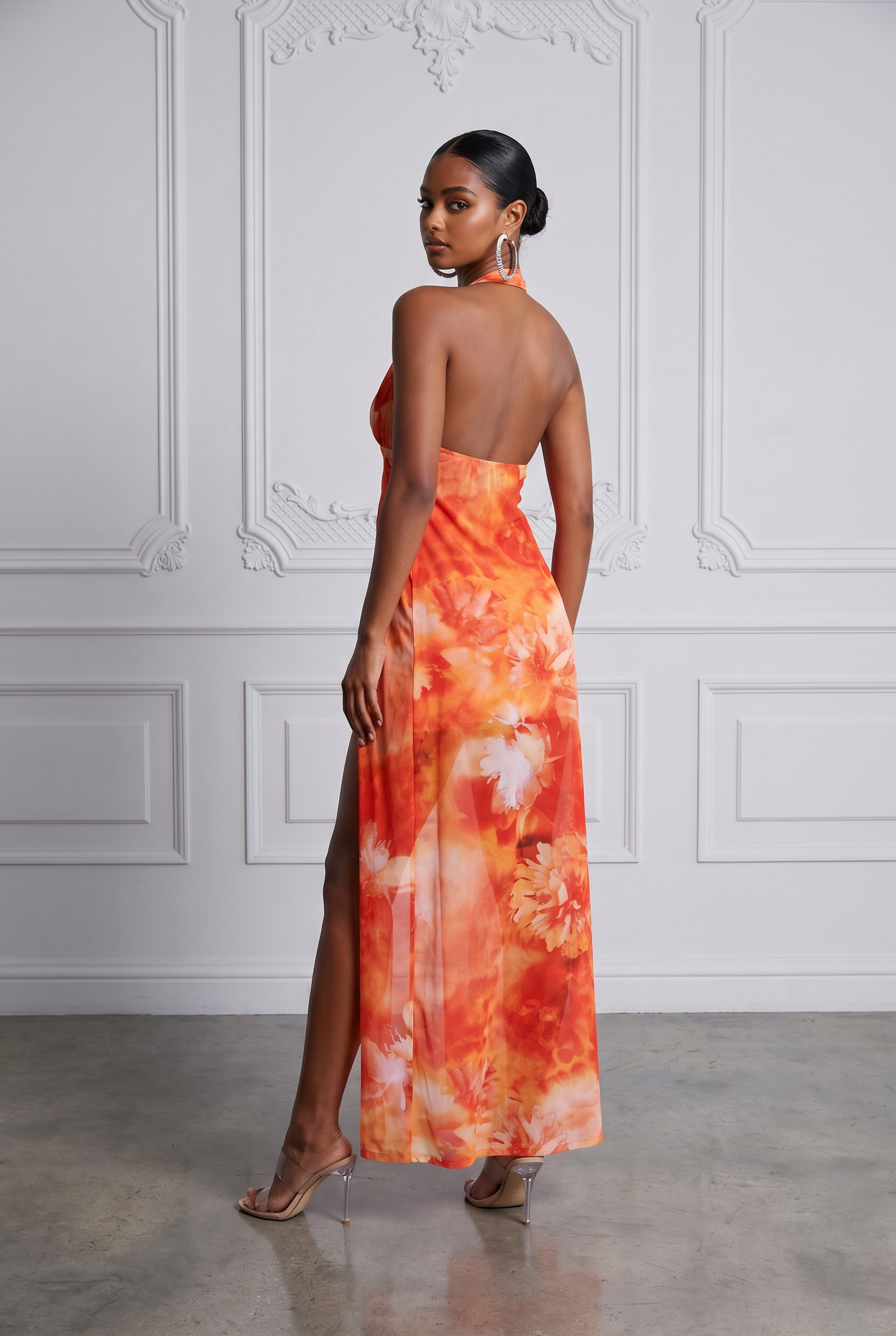 Halter Maxi Top & Mini Skirt Set in Orange Combo Size L – Side View