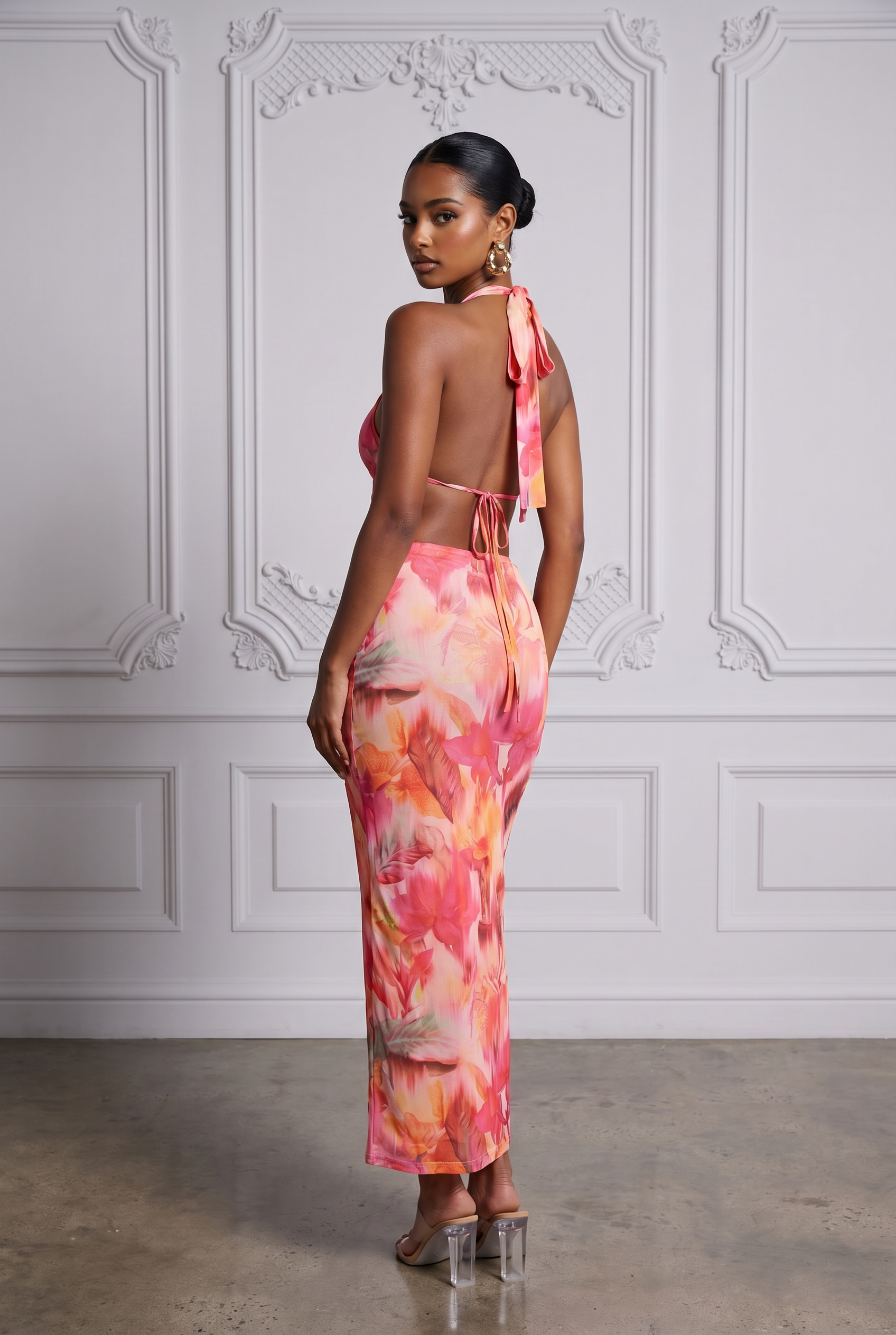 Tropical Floral Mesh Halter Top & Skirt Set in Multi Size M – Side View
