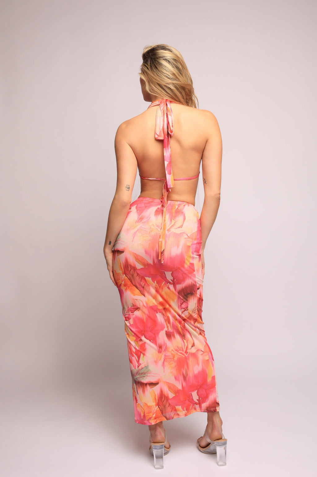Tropical Floral Mesh Halter Top & Skirt Set – View 8
