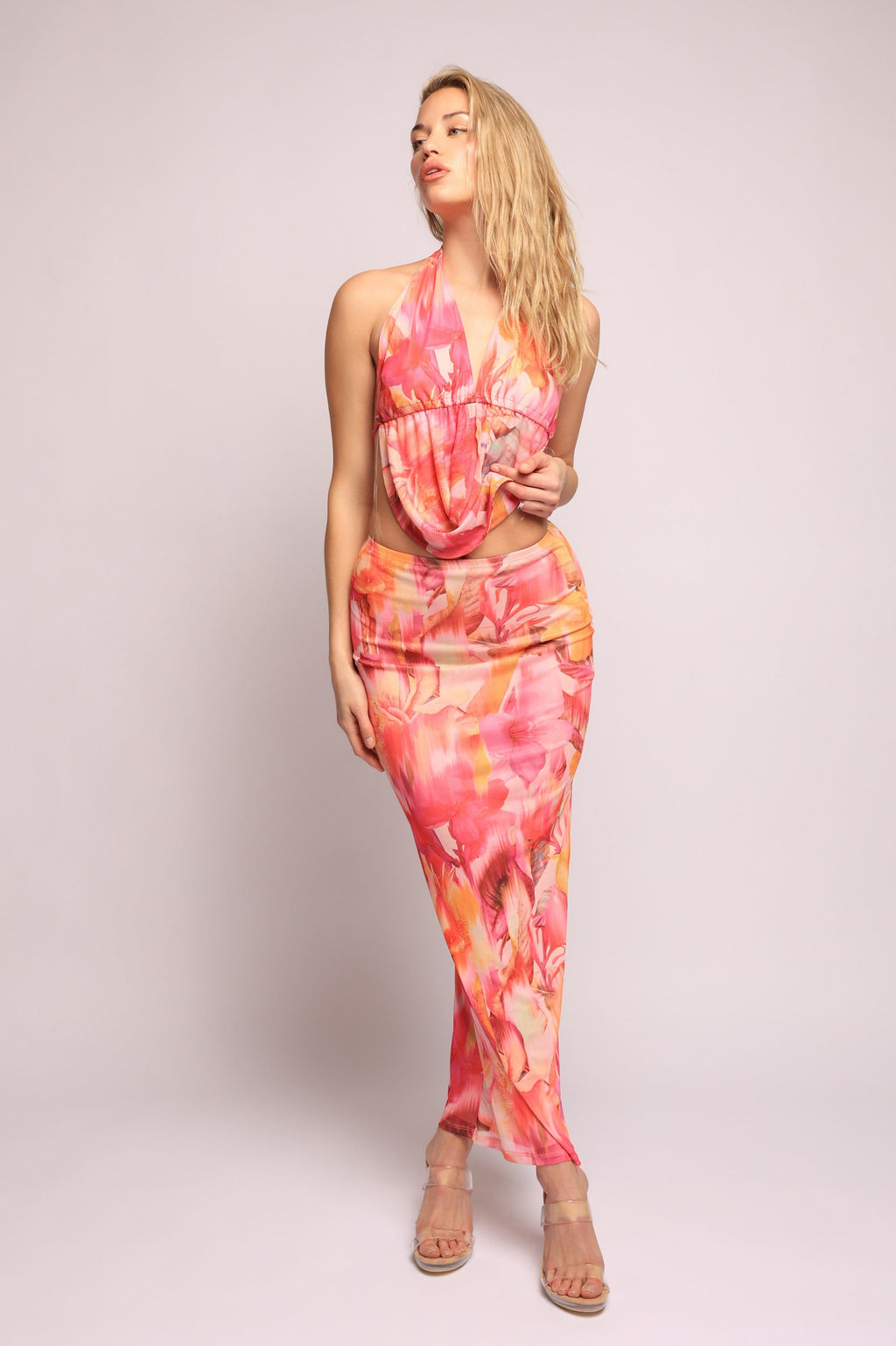 Tropical Floral Mesh Halter Top & Skirt Set in Multi Size XL – View 5