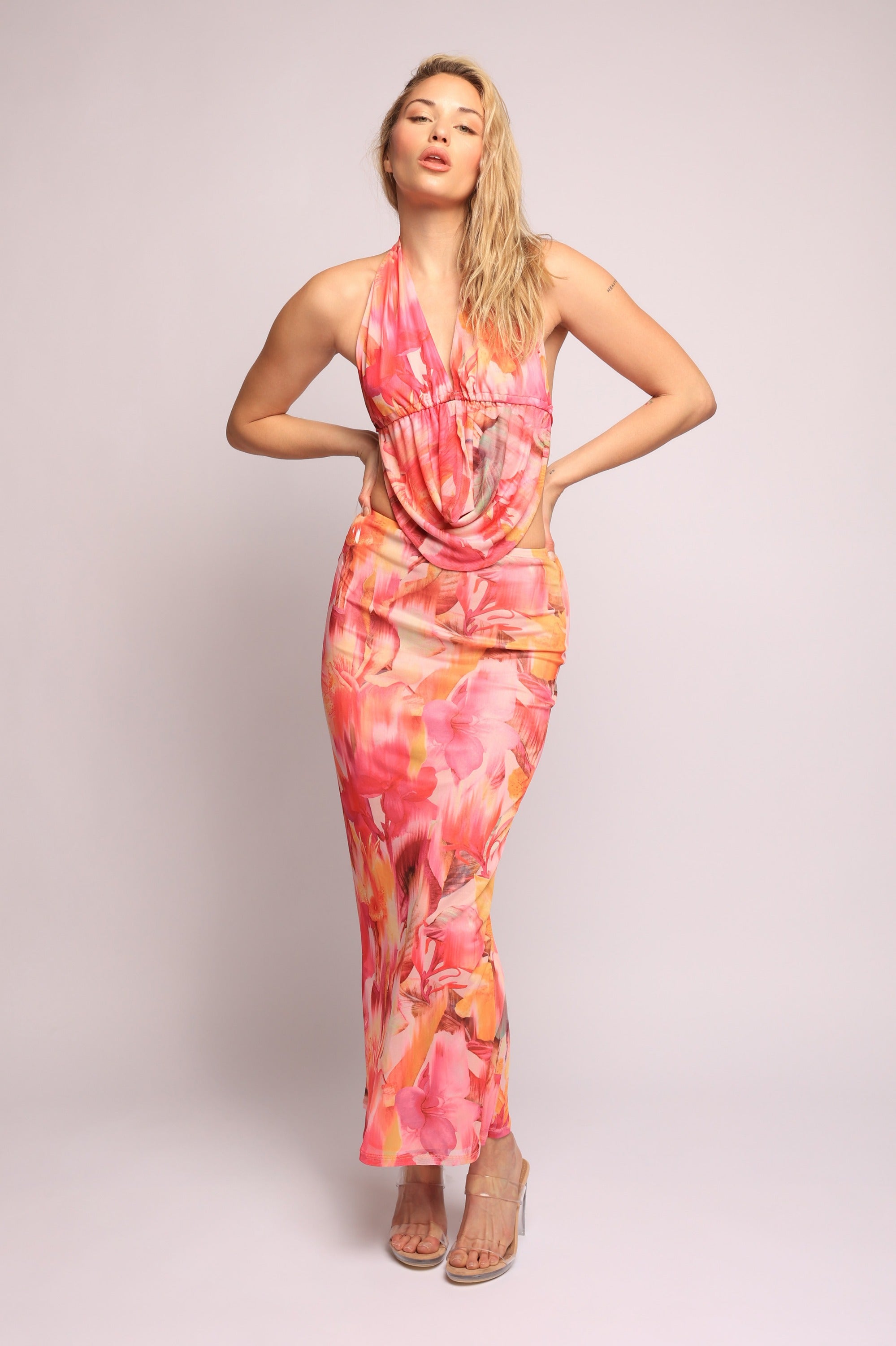 Tropical Floral Mesh Halter Top & Skirt Set in Multi Size L – Detail View