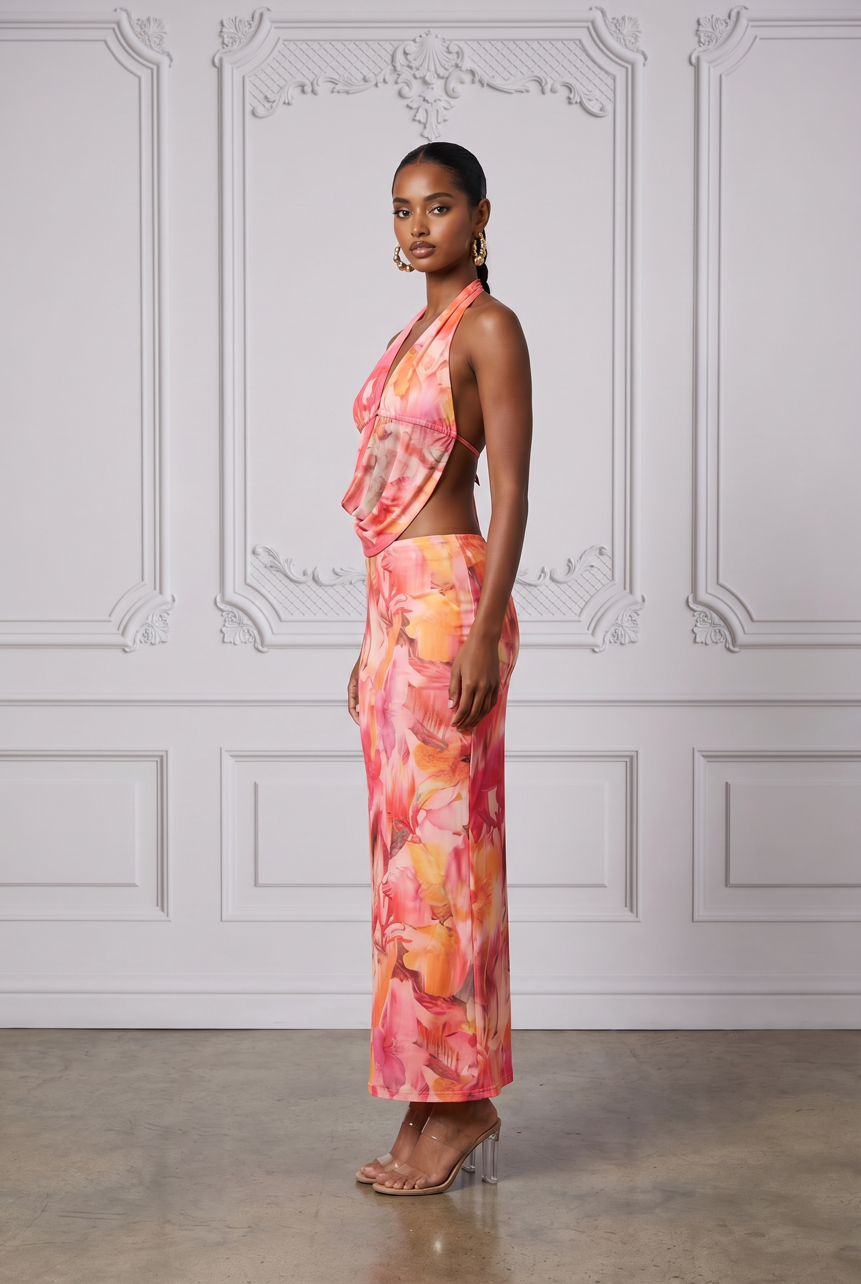 Tropical Floral Mesh Halter Top & Skirt Set in Multi Size S – Back View