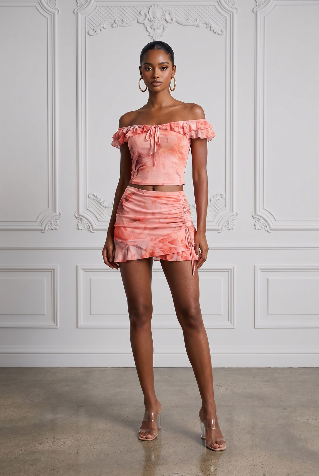 Ruffle Off Shoulder Top & Mini Skirt Set in Coral combo – Front view