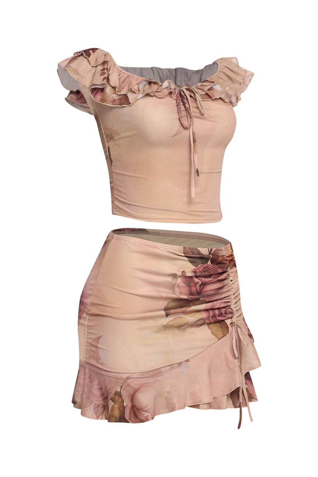 Nude combo ruffle off shoulder top and mini skirt set, back view on model