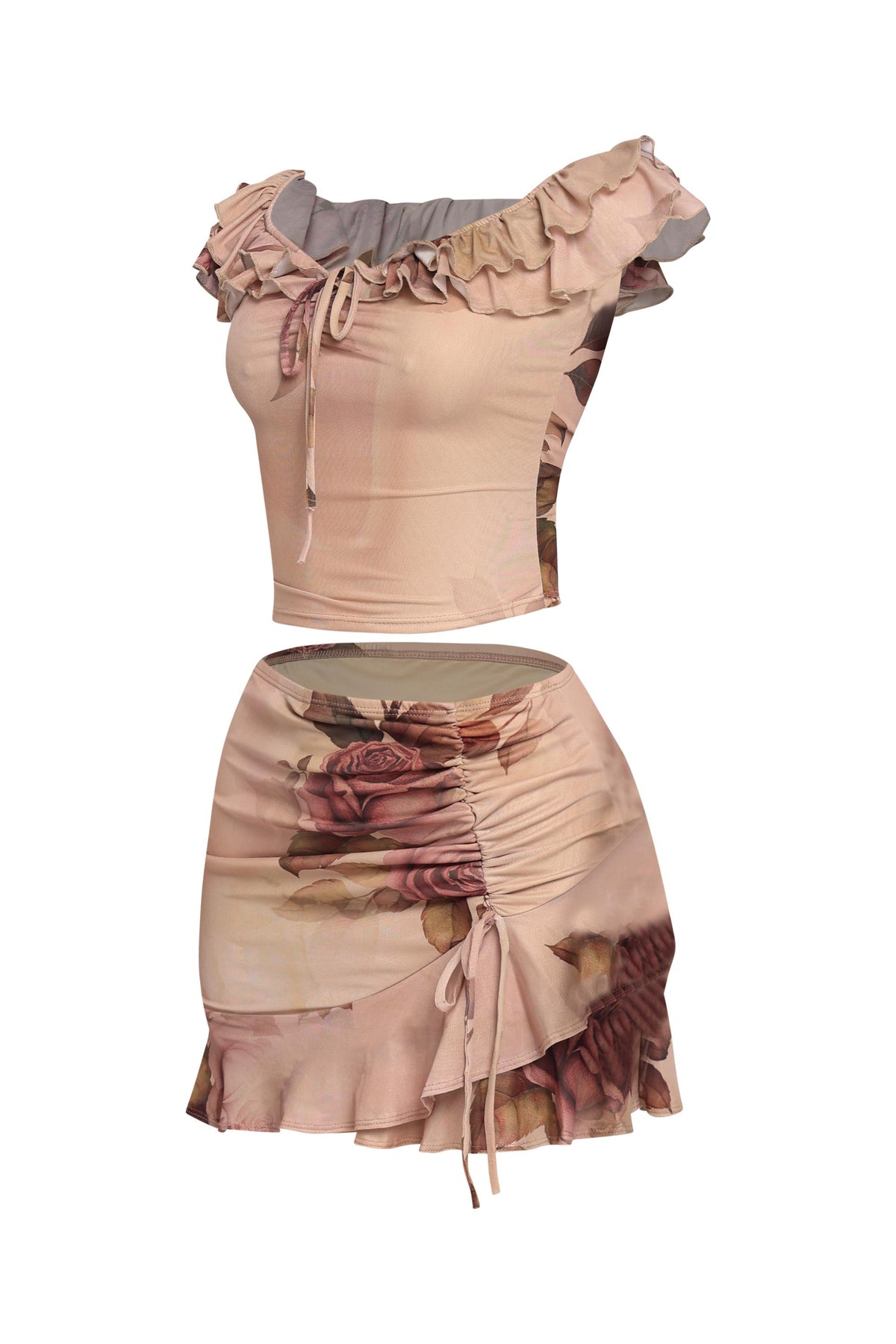 Nude combo ruffle off shoulder top and mini skirt set, side view on model