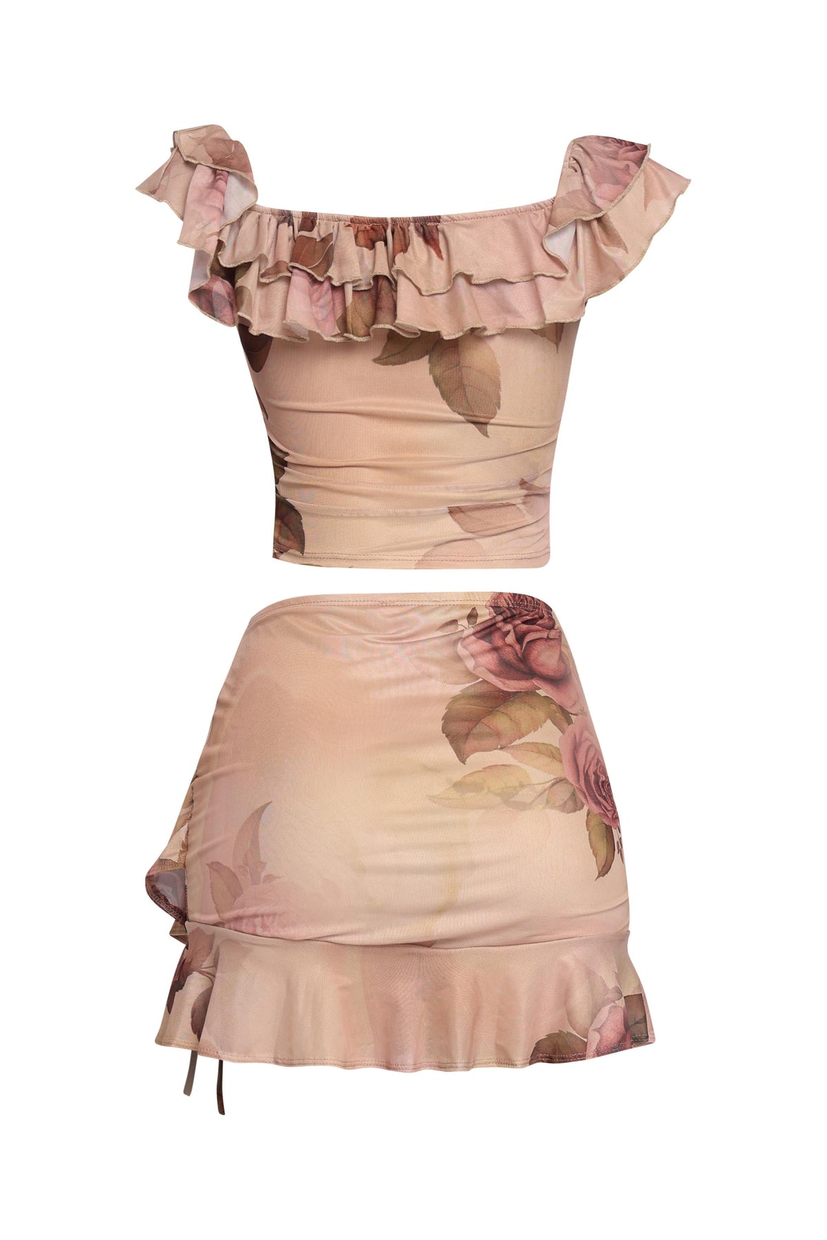 Nude combo ruffle off shoulder top and mini skirt set, detail view on model