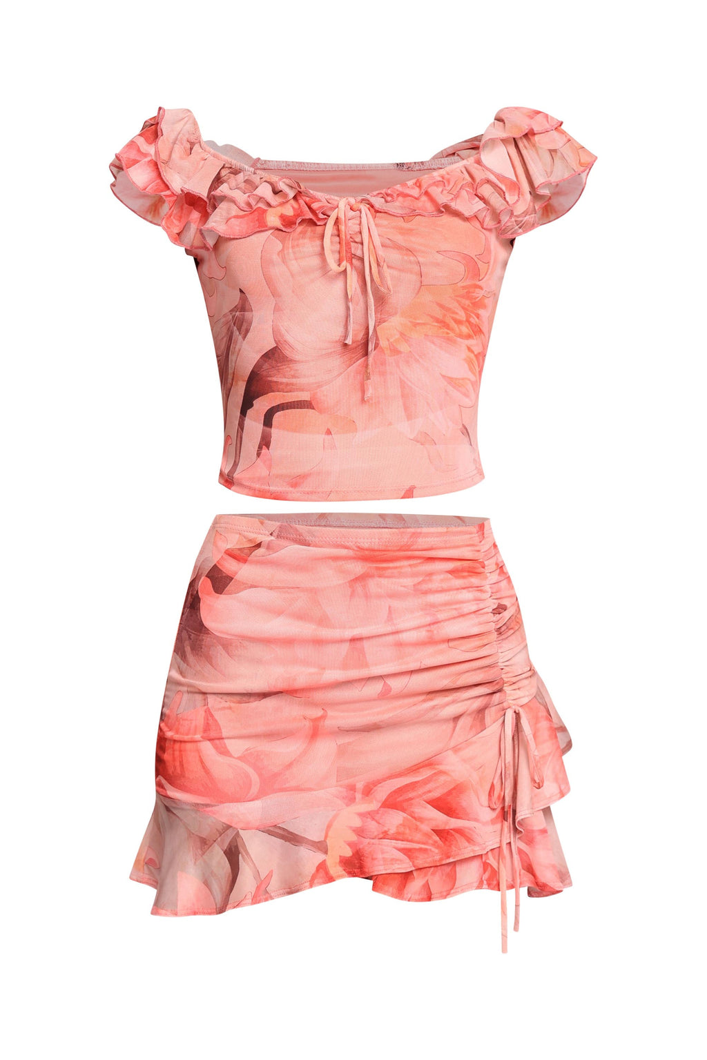 Ruffle Off Shoulder Top & Mini Skirt Set in Coral combo – Side view