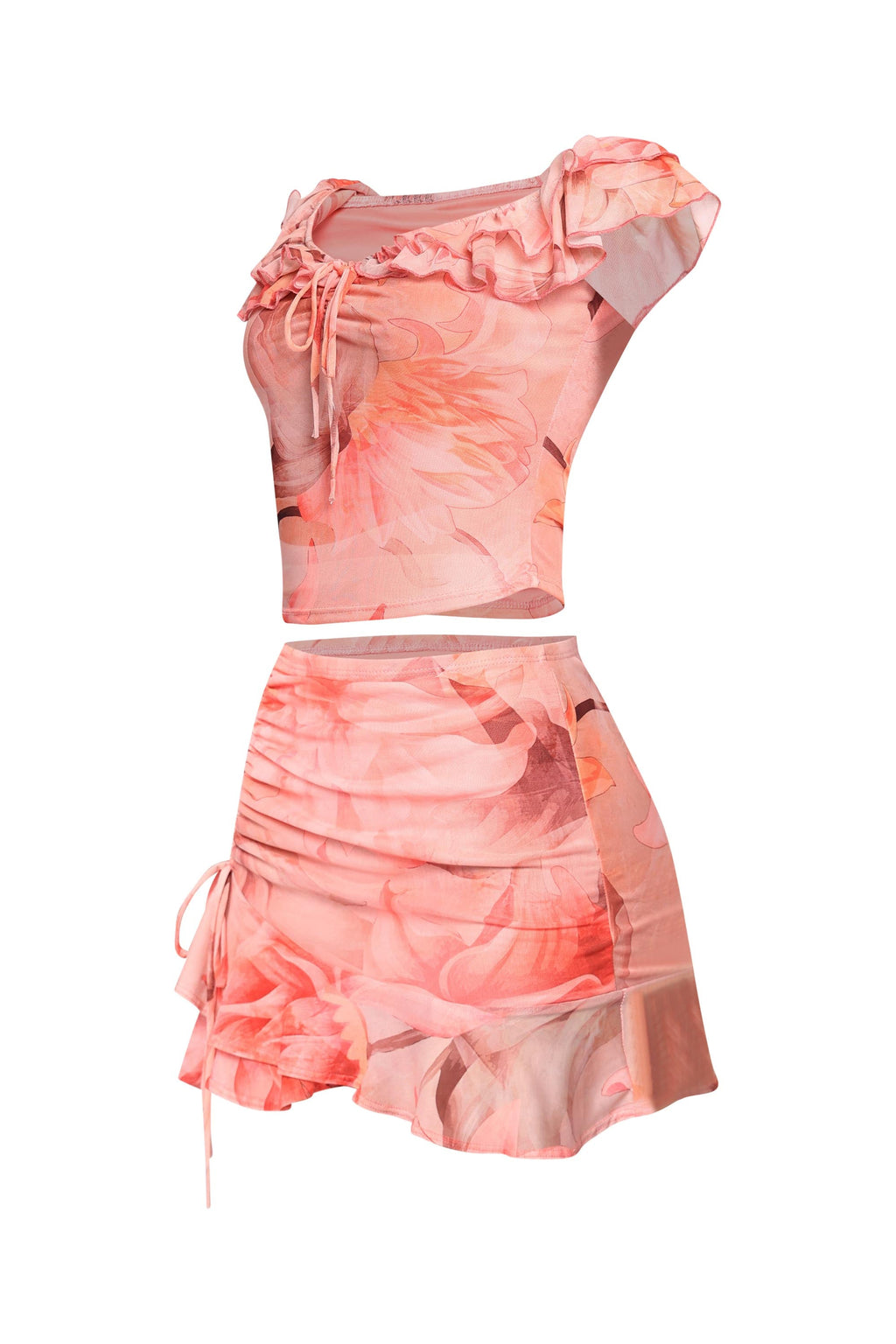 Nude combo ruffle off shoulder top and mini skirt set, front view on model
