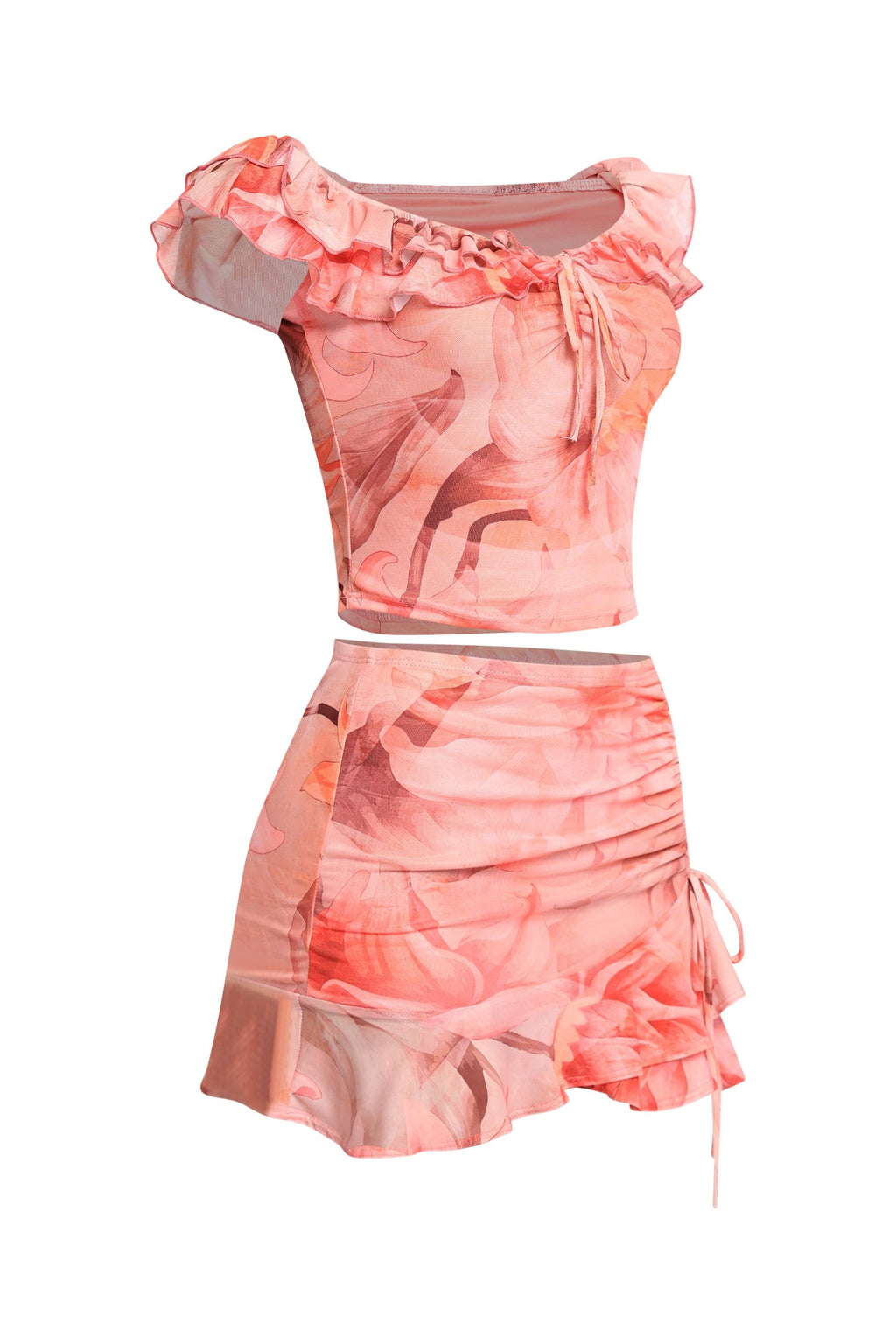 Ruffle Off Shoulder Top & Mini Skirt Set in Coral combo – Detail view