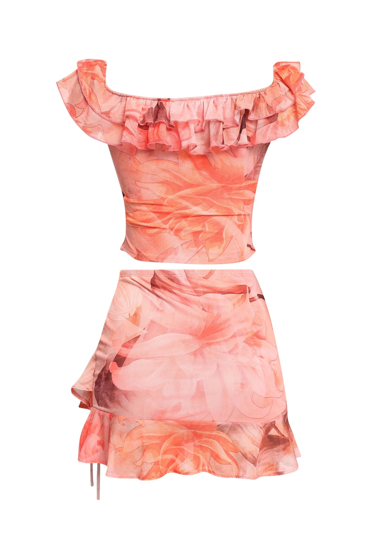 Ruffle Off Shoulder Top & Mini Skirt Set in Coral combo
