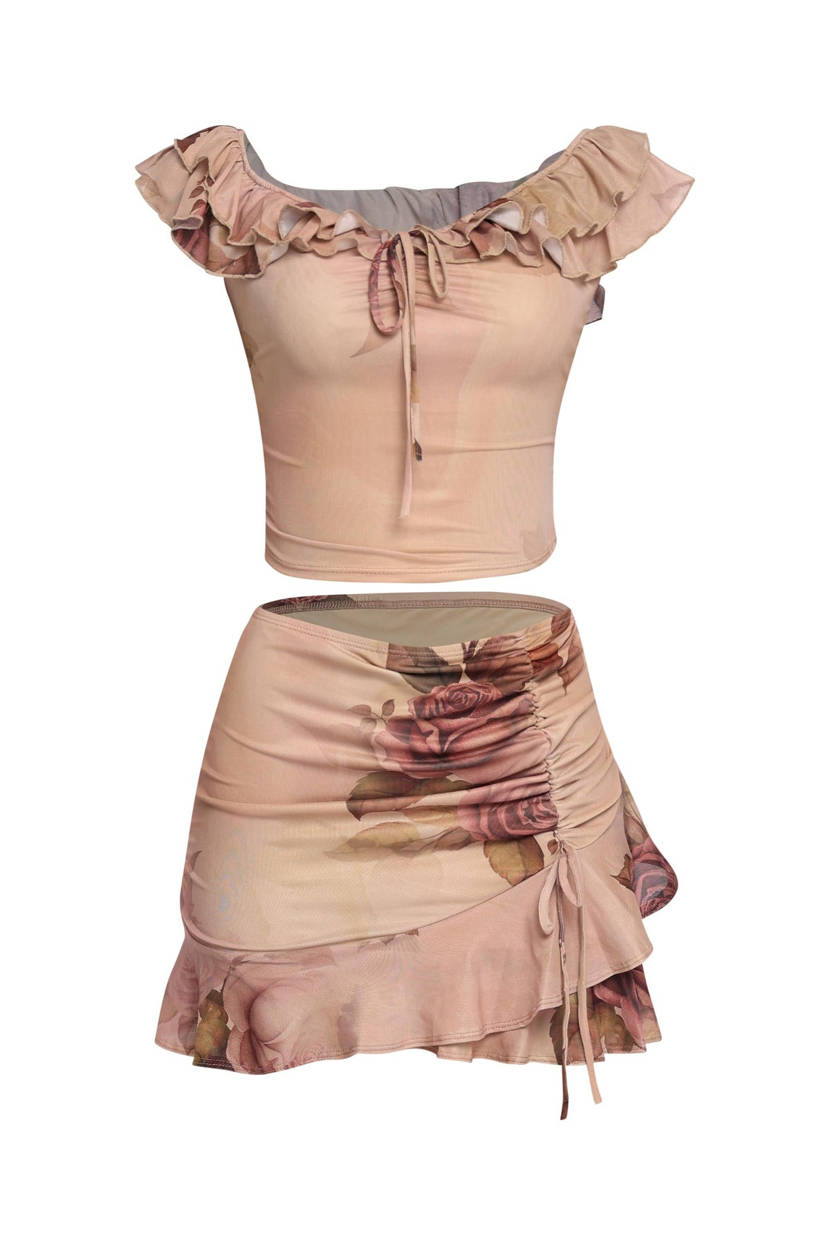 Nude combo ruffle off shoulder top and mini skirt set, alternate front view on model