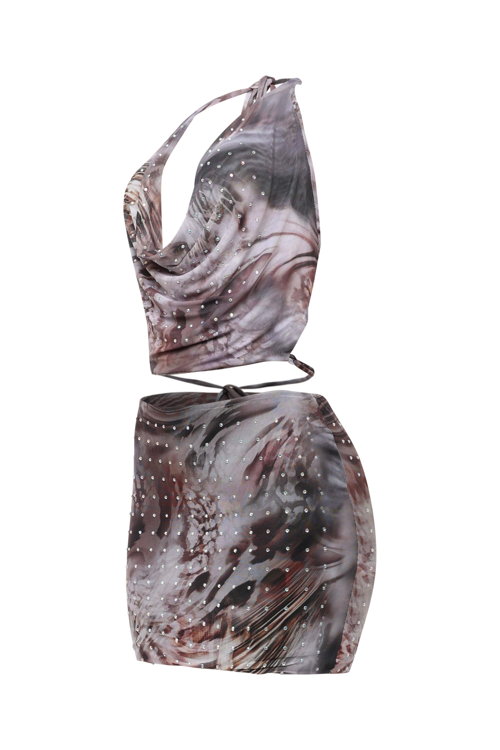 Two-piece outfit with marbled pattern on a white background