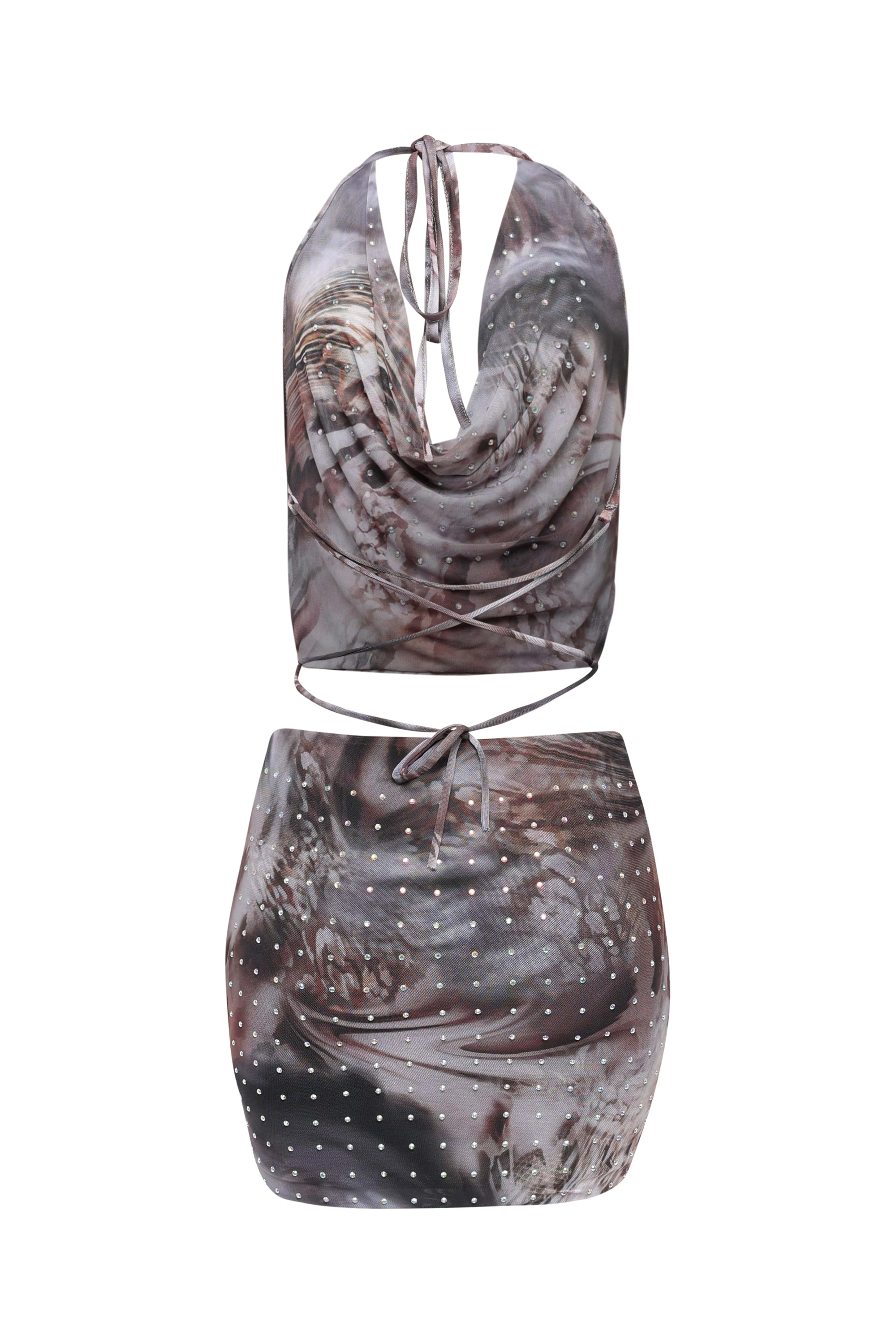 Two-piece outfit with a patterned top and skirt on a white background